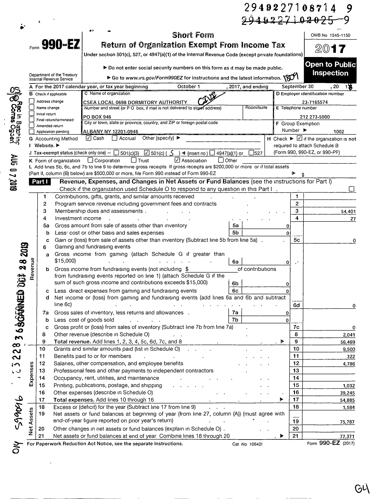 Image of first page of 2017 Form 990EO for Civil Service Employees Association - 0698 Dormitory Authority