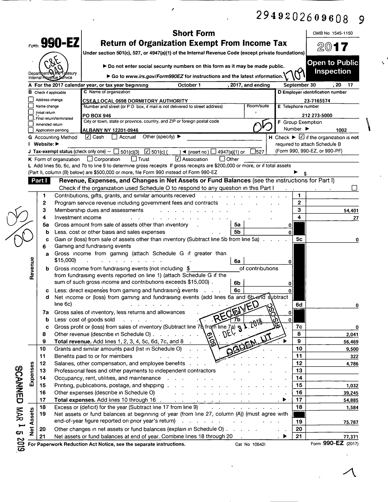 Image of first page of 2016 Form 990EO for Civil Service Employees Association - 0698 Dormitory Authority