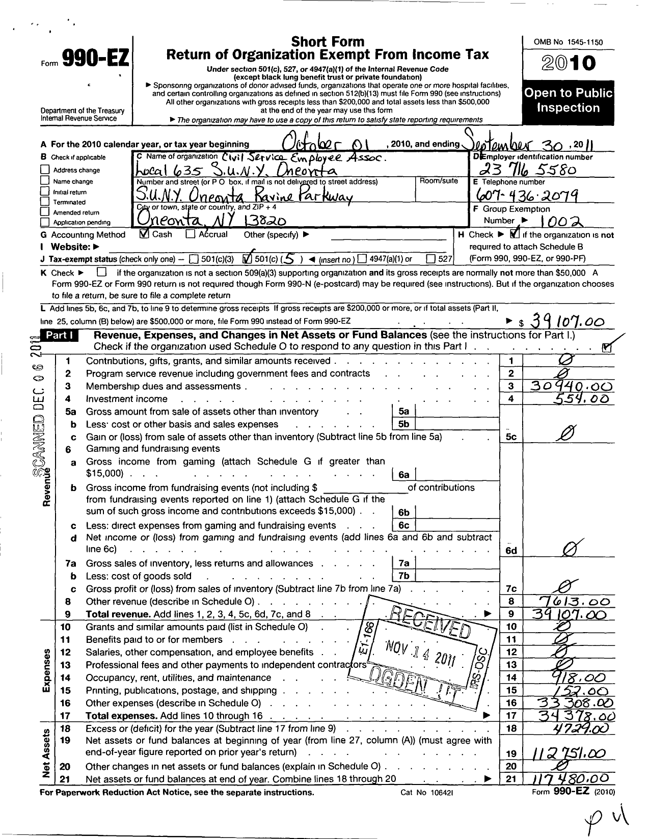 Image of first page of 2010 Form 990EO for Civil Service Employees Association - 0635 Su College at Oneonta