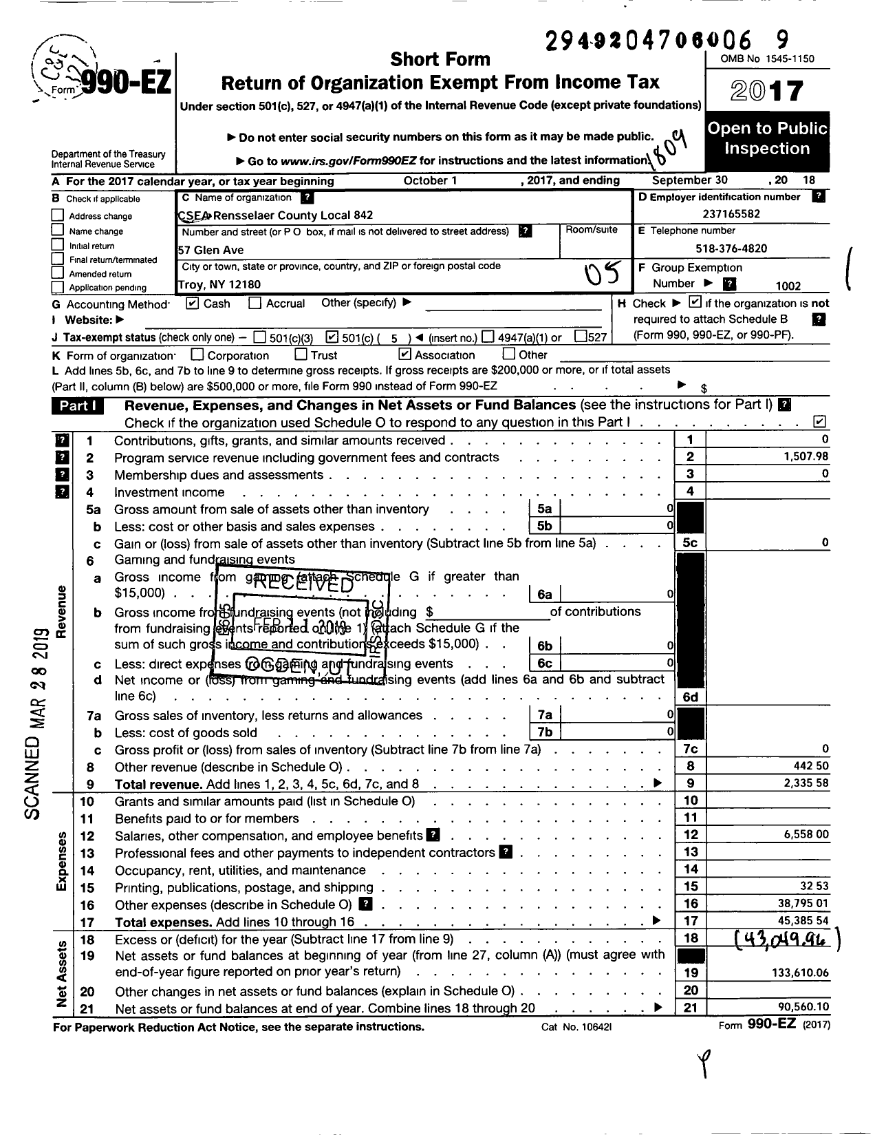 Image of first page of 2017 Form 990EO for Civil Service Employees Association - 0842 Rensselaer County