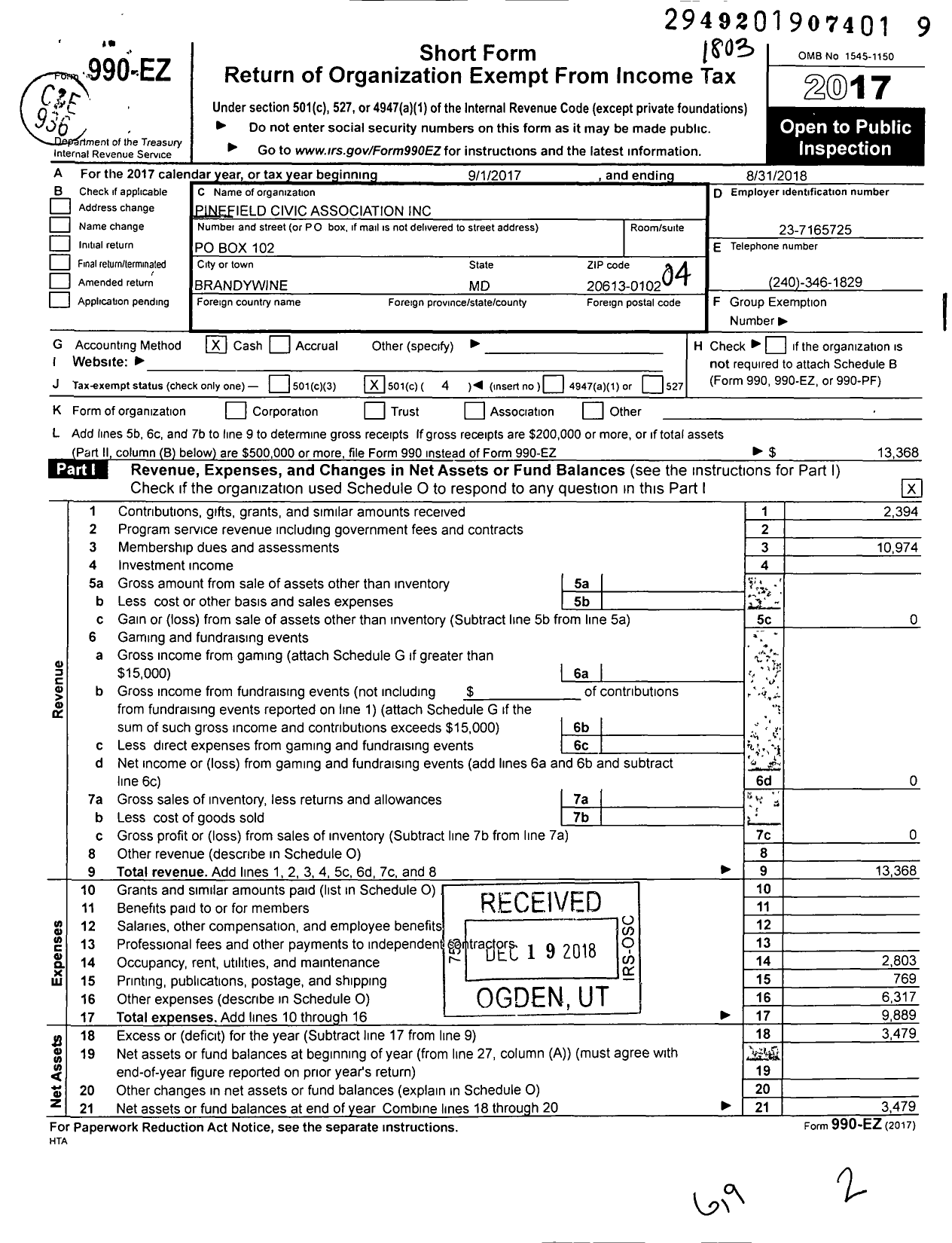 Image of first page of 2017 Form 990EO for Pinefield Civic Association