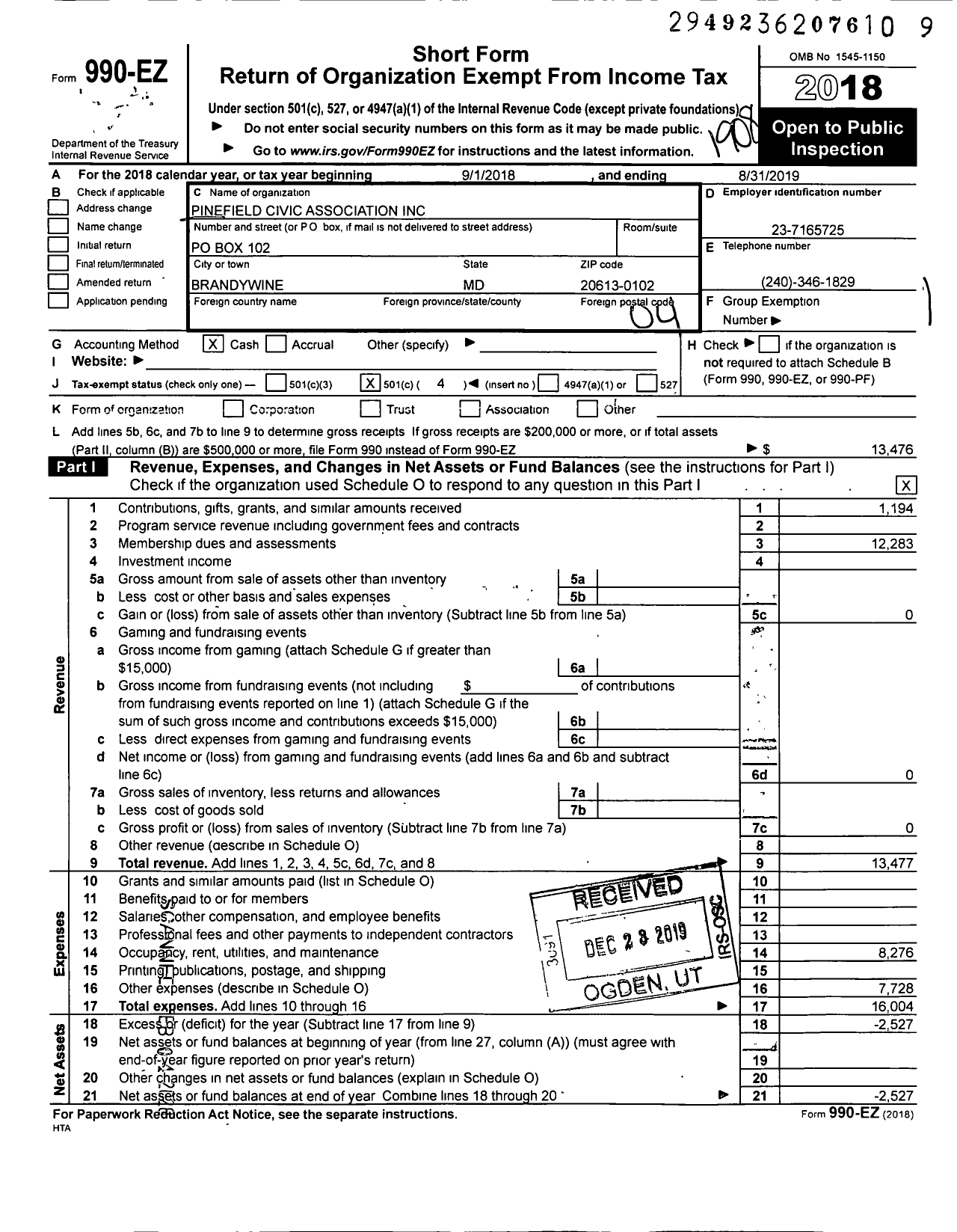 Image of first page of 2018 Form 990EO for Pinefield Civic Association