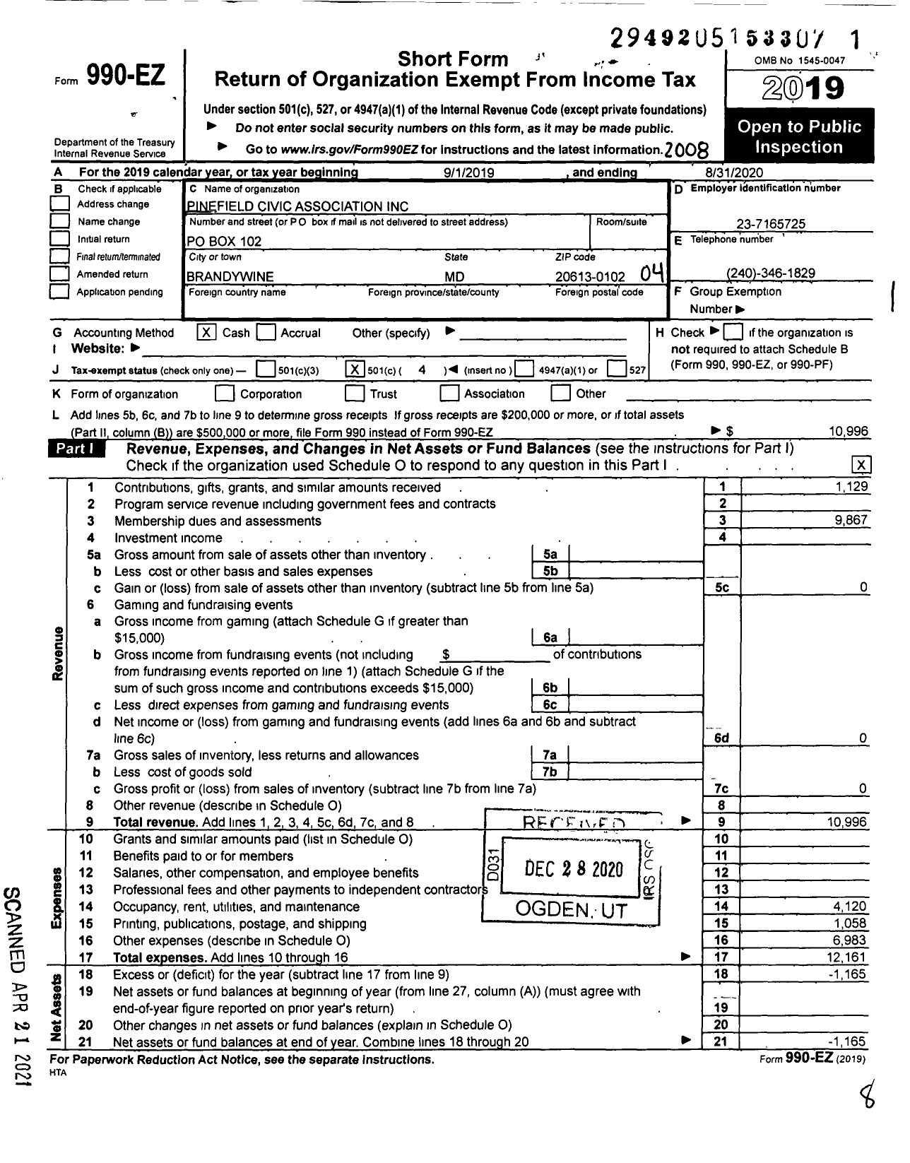 Image of first page of 2019 Form 990EO for Pinefield Civic Association