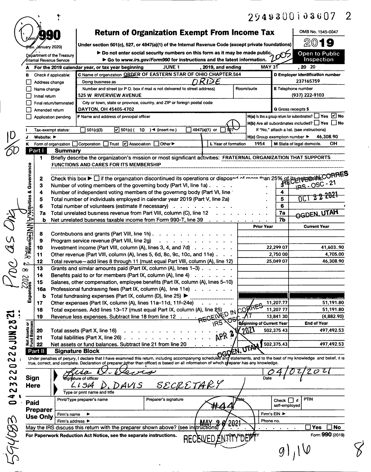 Image of first page of 2019 Form 990O for Order of the Eastern Star of Ohio - Chapter 564