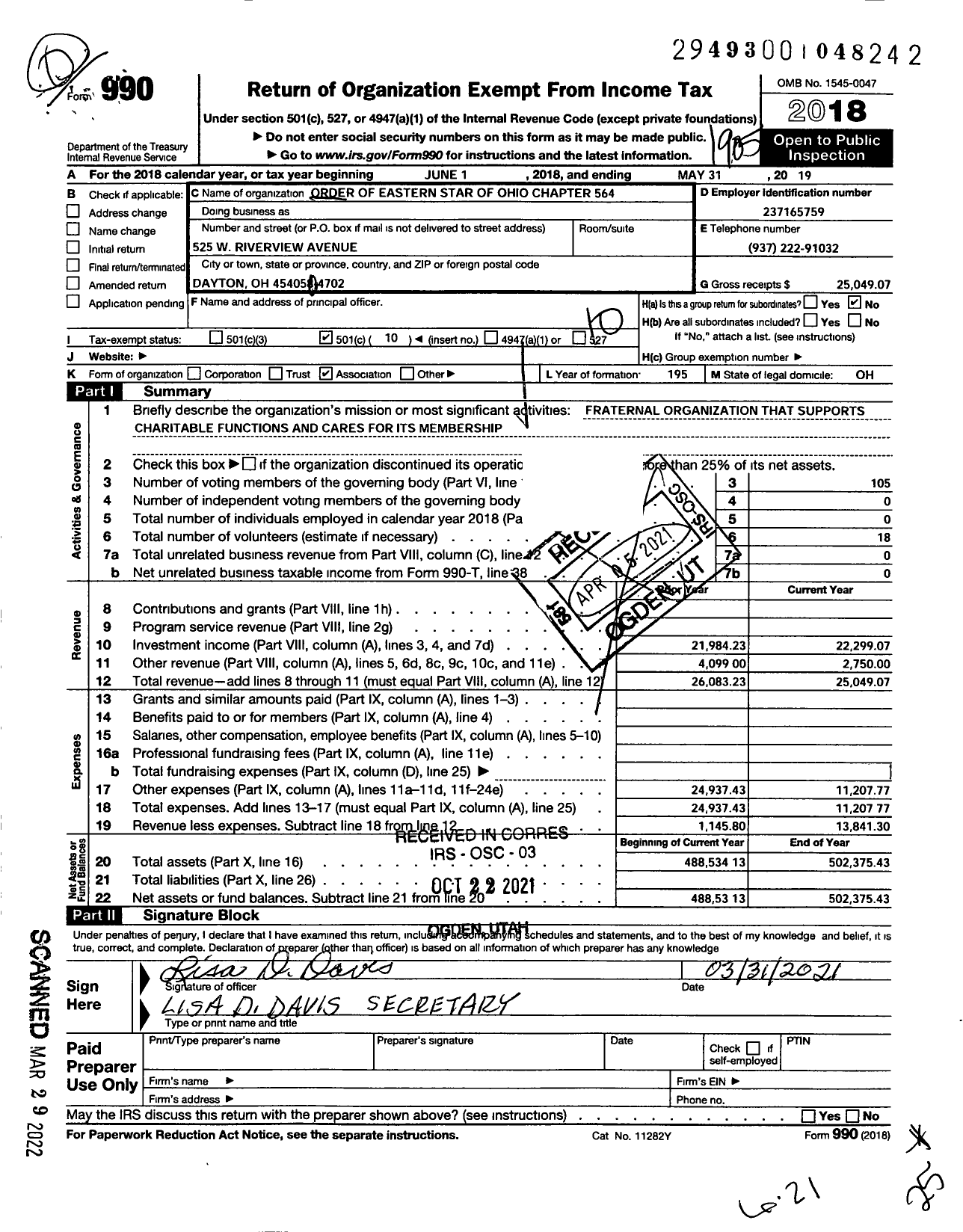 Image of first page of 2018 Form 990O for Order of the Eastern Star of Ohio - Chapter 564