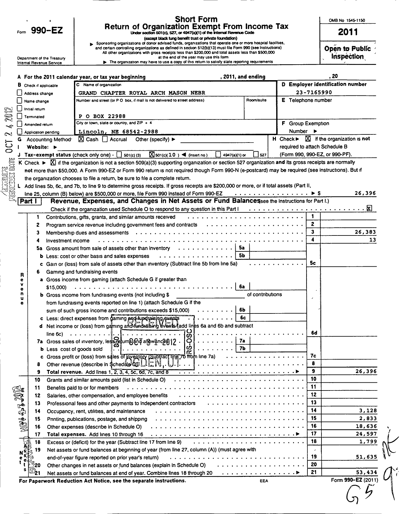 Image of first page of 2011 Form 990EO for Royal Arch Masons of Nebraska