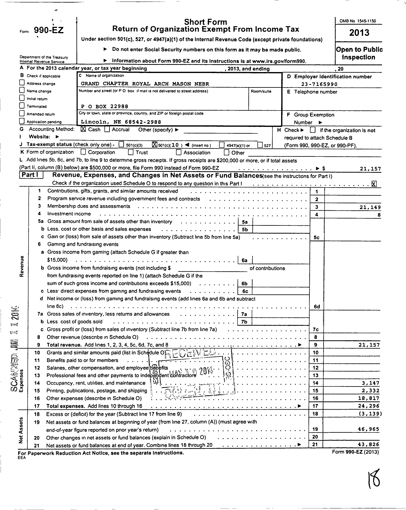 Image of first page of 2013 Form 990EO for Royal Arch Masons of Nebraska