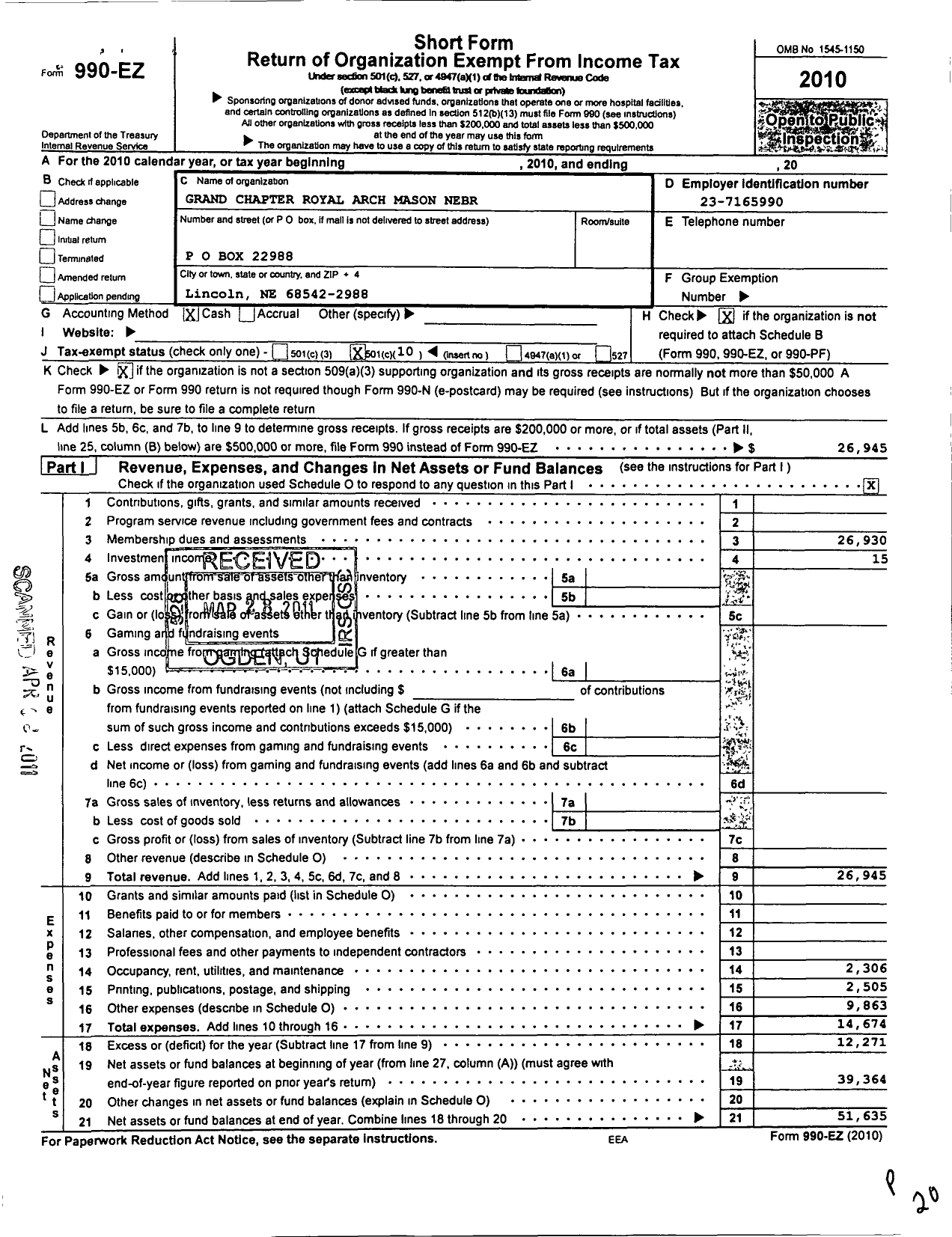 Image of first page of 2010 Form 990EO for Royal Arch Masons of Nebraska