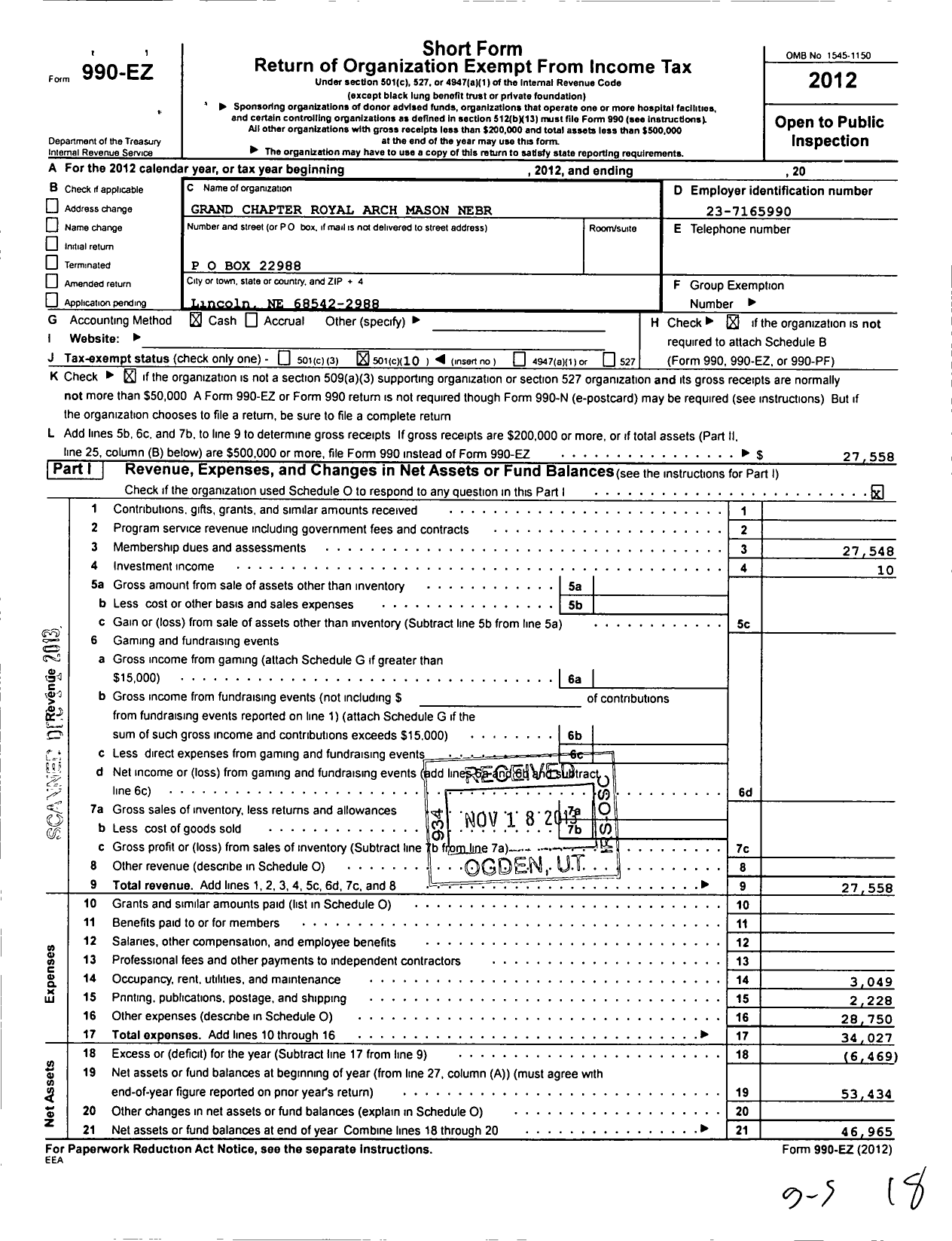 Image of first page of 2012 Form 990EO for Royal Arch Masons of Nebraska