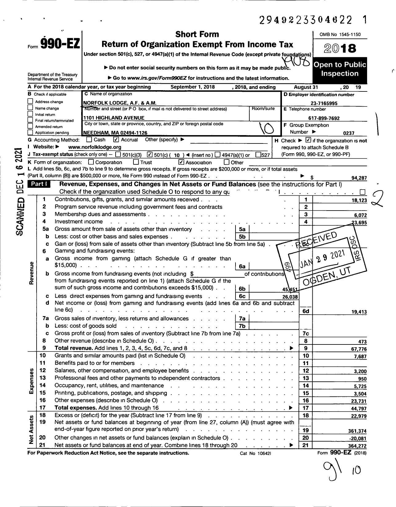 Image of first page of 2018 Form 990EO for Massachusetts Freemasons - Norfolk Lodge