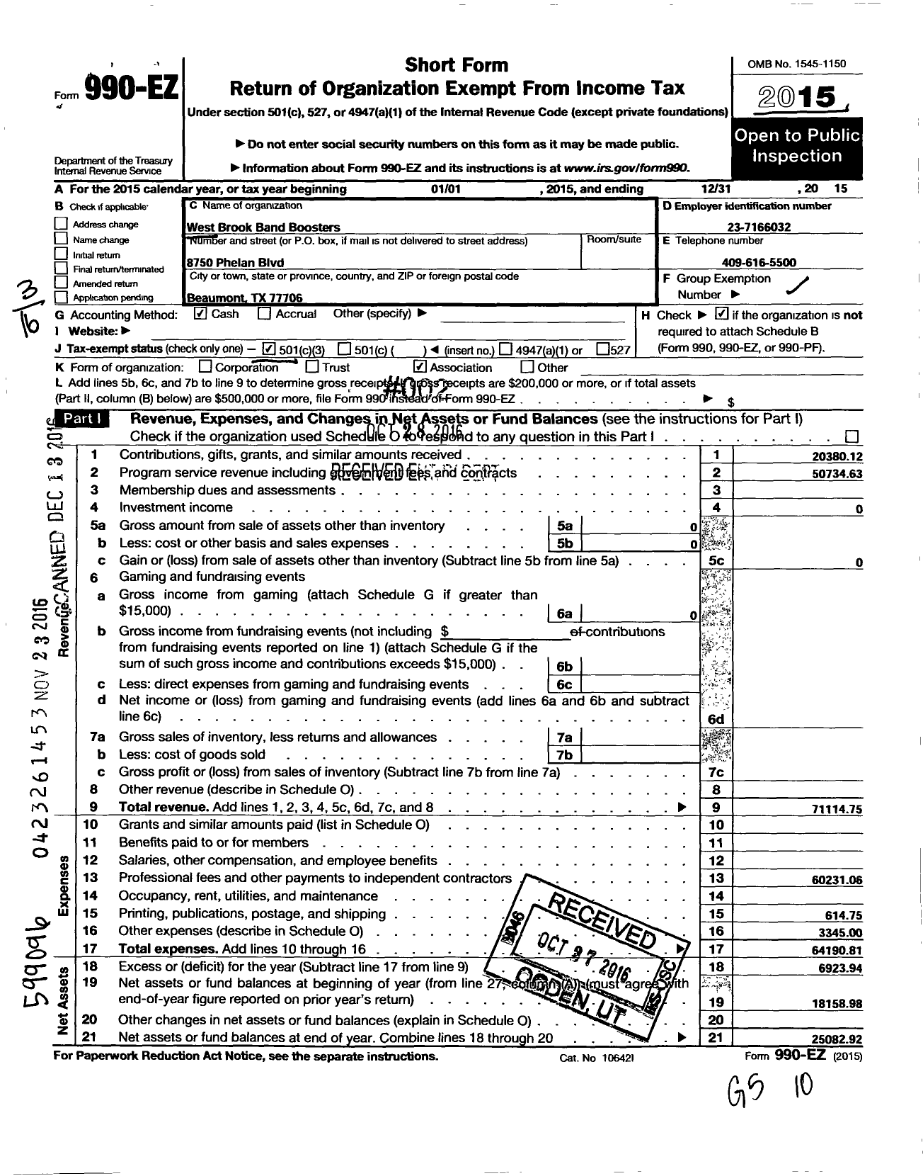 Image of first page of 2015 Form 990EZ for West Brook Band Boosters