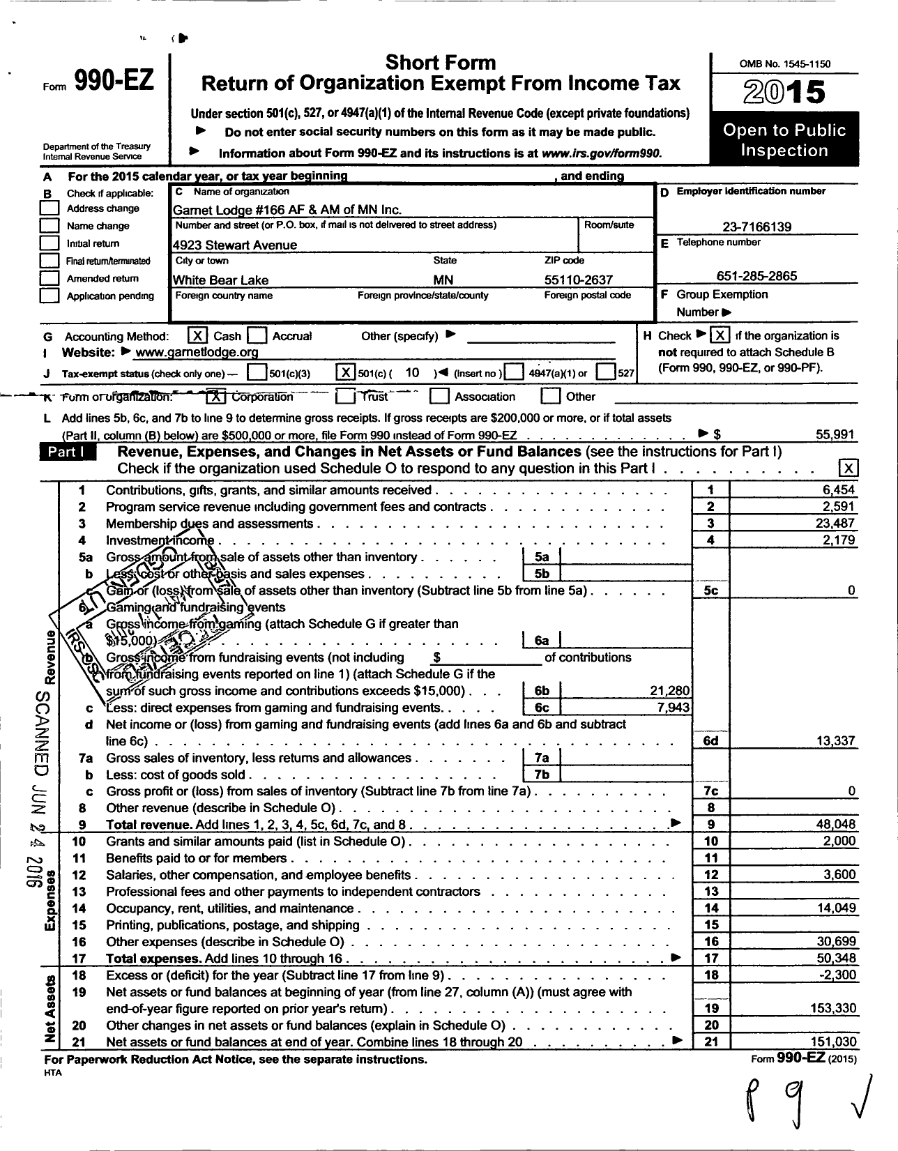 Image of first page of 2015 Form 990EO for Ancient Free and Accepted Masons of Minnesota - 0166 Garnet Lodge