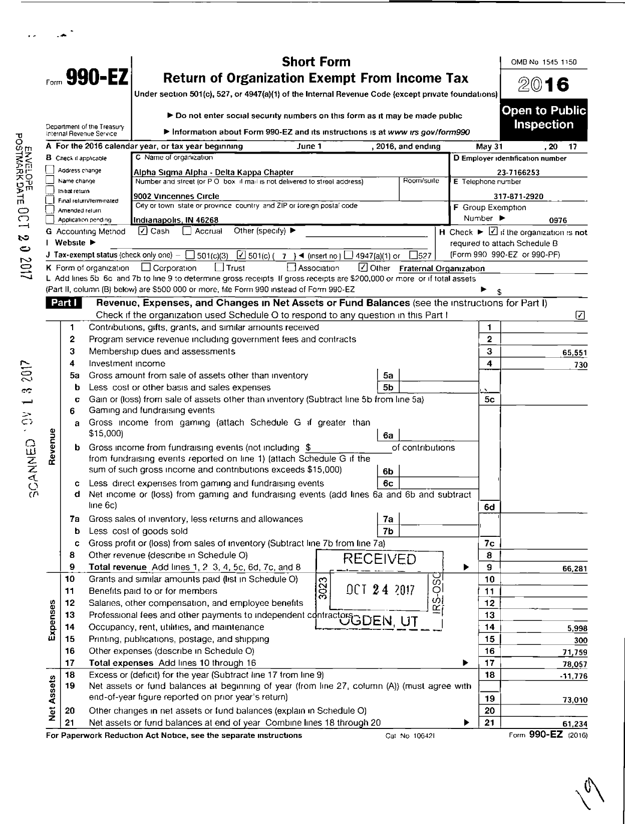 Image of first page of 2016 Form 990EO for Alpha Sigma Alpha Sorority / Delta Kappa Chapter