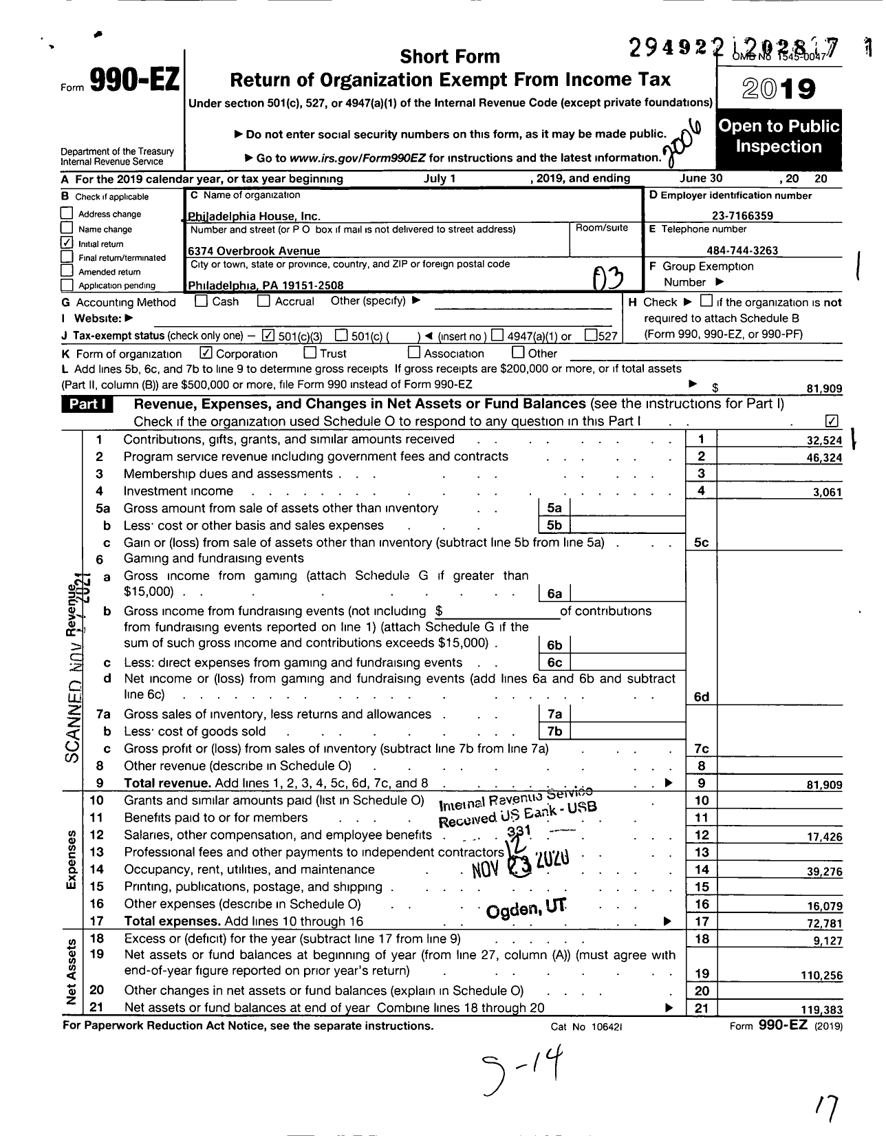 Image of first page of 2019 Form 990EZ for Philadelphia House