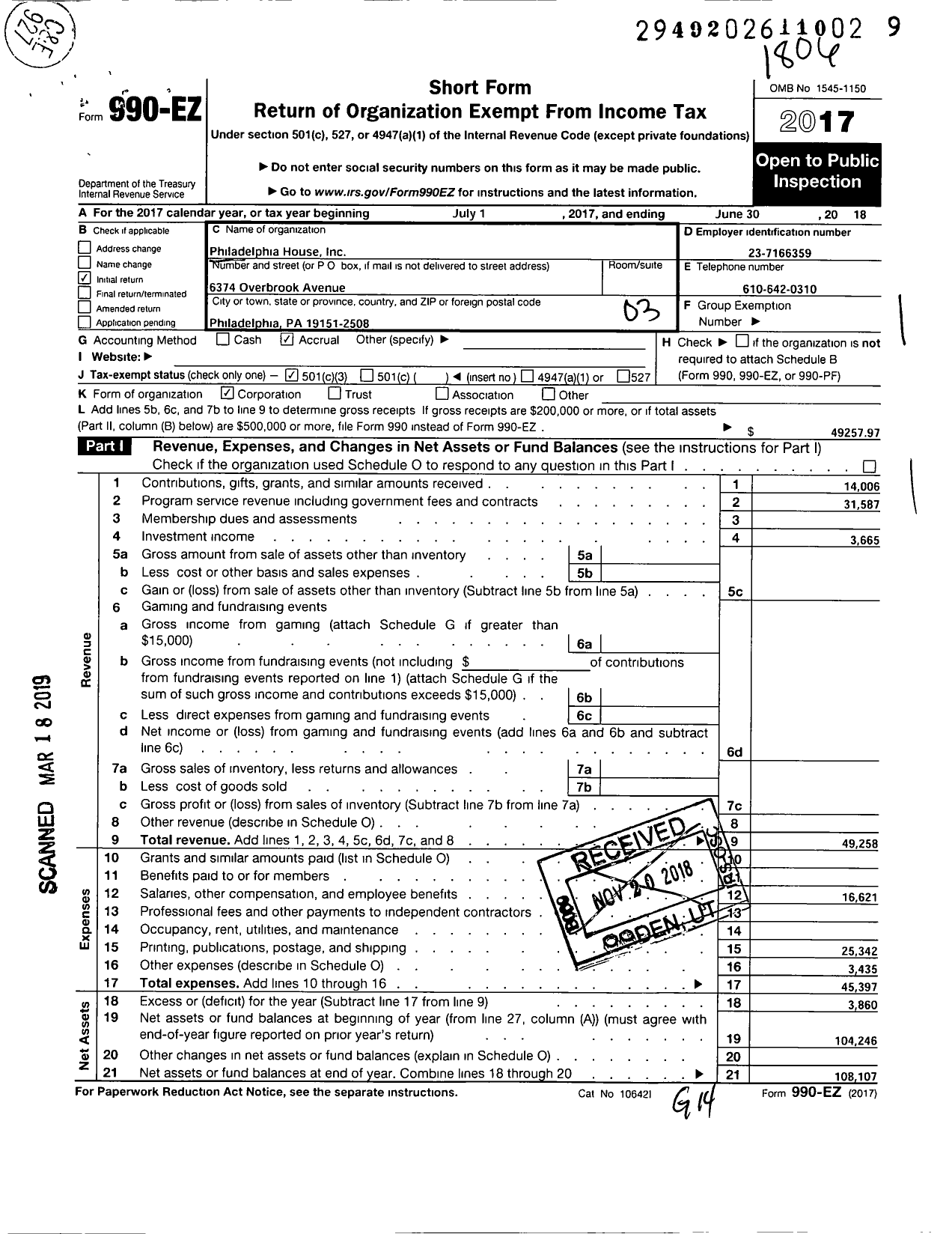 Image of first page of 2017 Form 990EZ for Philadelphia House