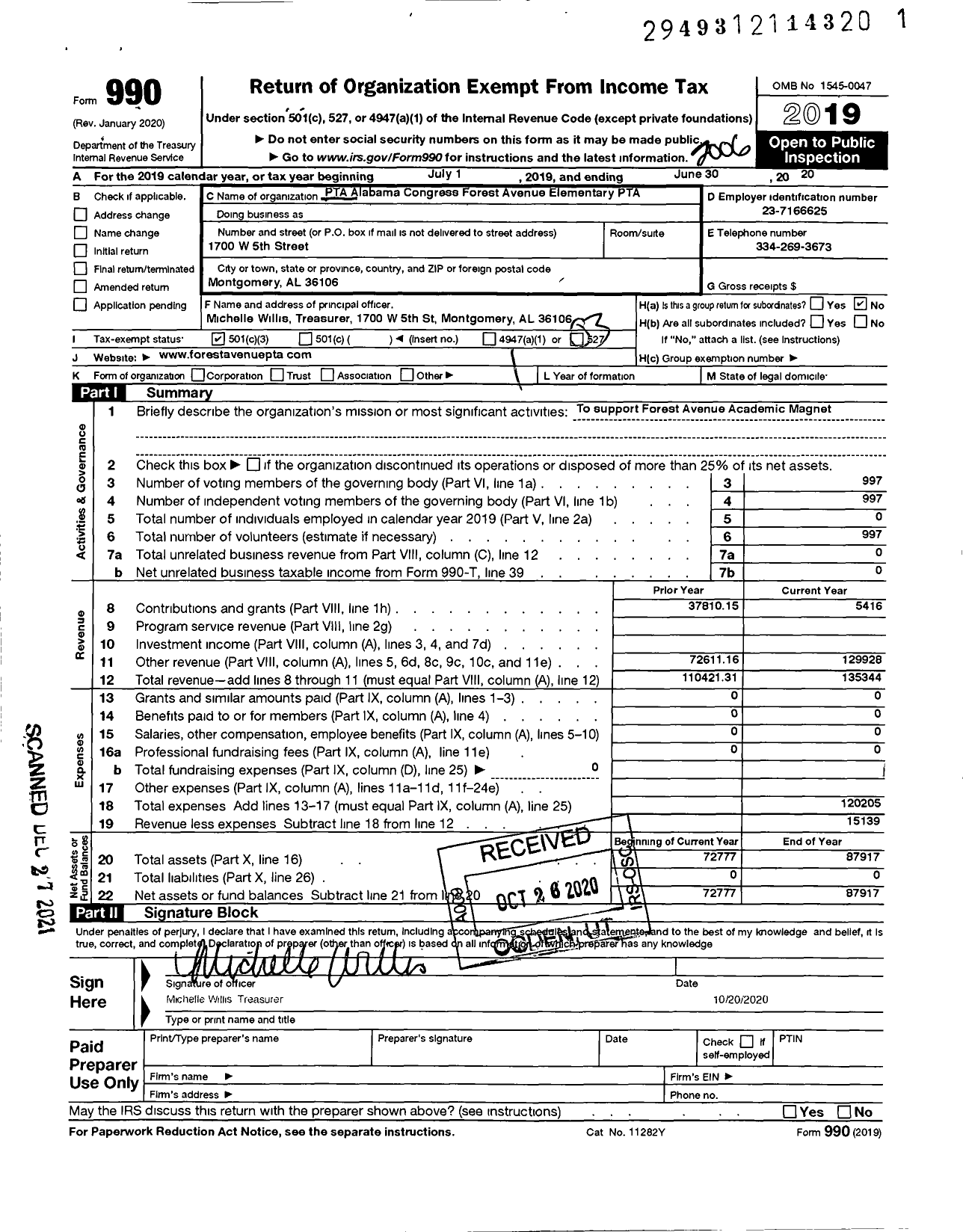 Image of first page of 2019 Form 990 for PTA Alabama Congress Forest Avenue Elementary PTA