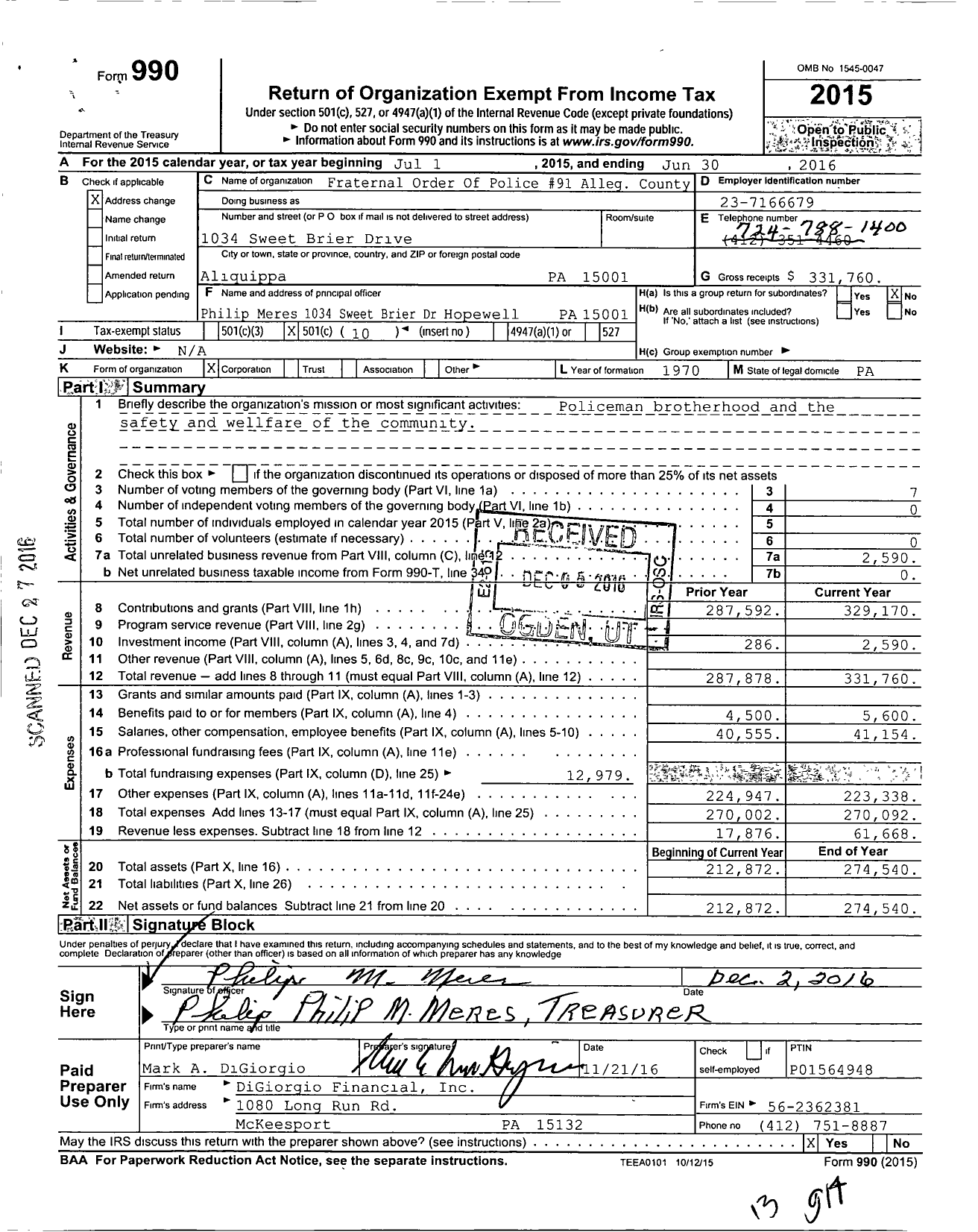 Image of first page of 2015 Form 990O for Fraternal Order Of Police - 91 County Of Allegheny Lodge