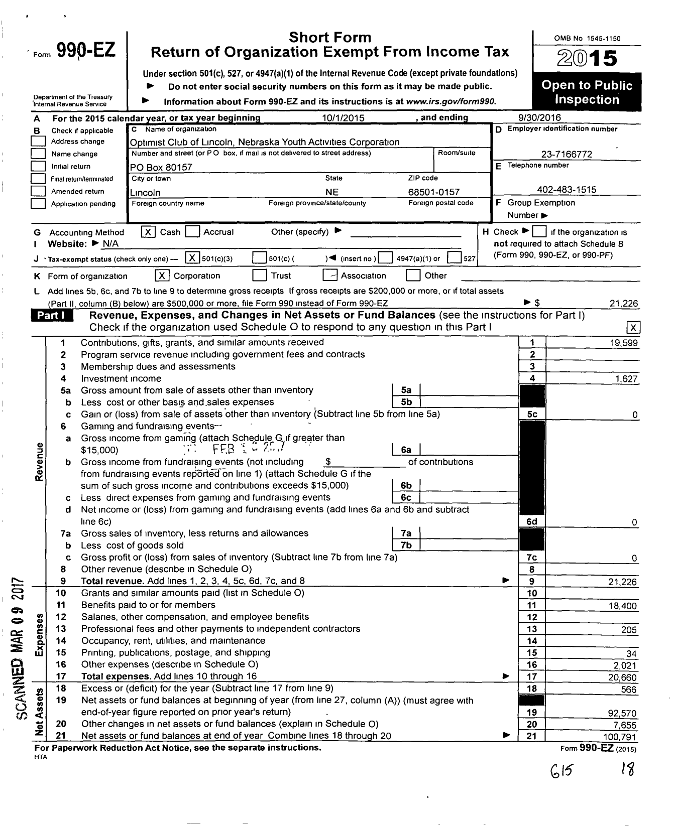 Image of first page of 2015 Form 990EZ for Optimist Club of Lincoln Nebraska Youth Activities Corporation