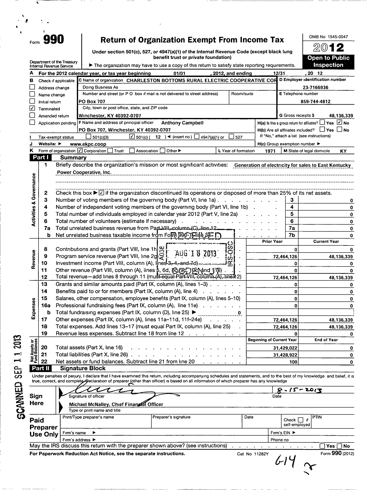 Image of first page of 2012 Form 990O for Charleston Bottoms Rural Electric Cooperative Cor