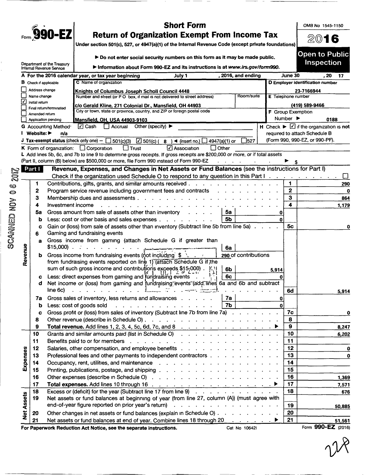 Image of first page of 2016 Form 990EO for Knights of Columbus Joseph Scholl Council 4448