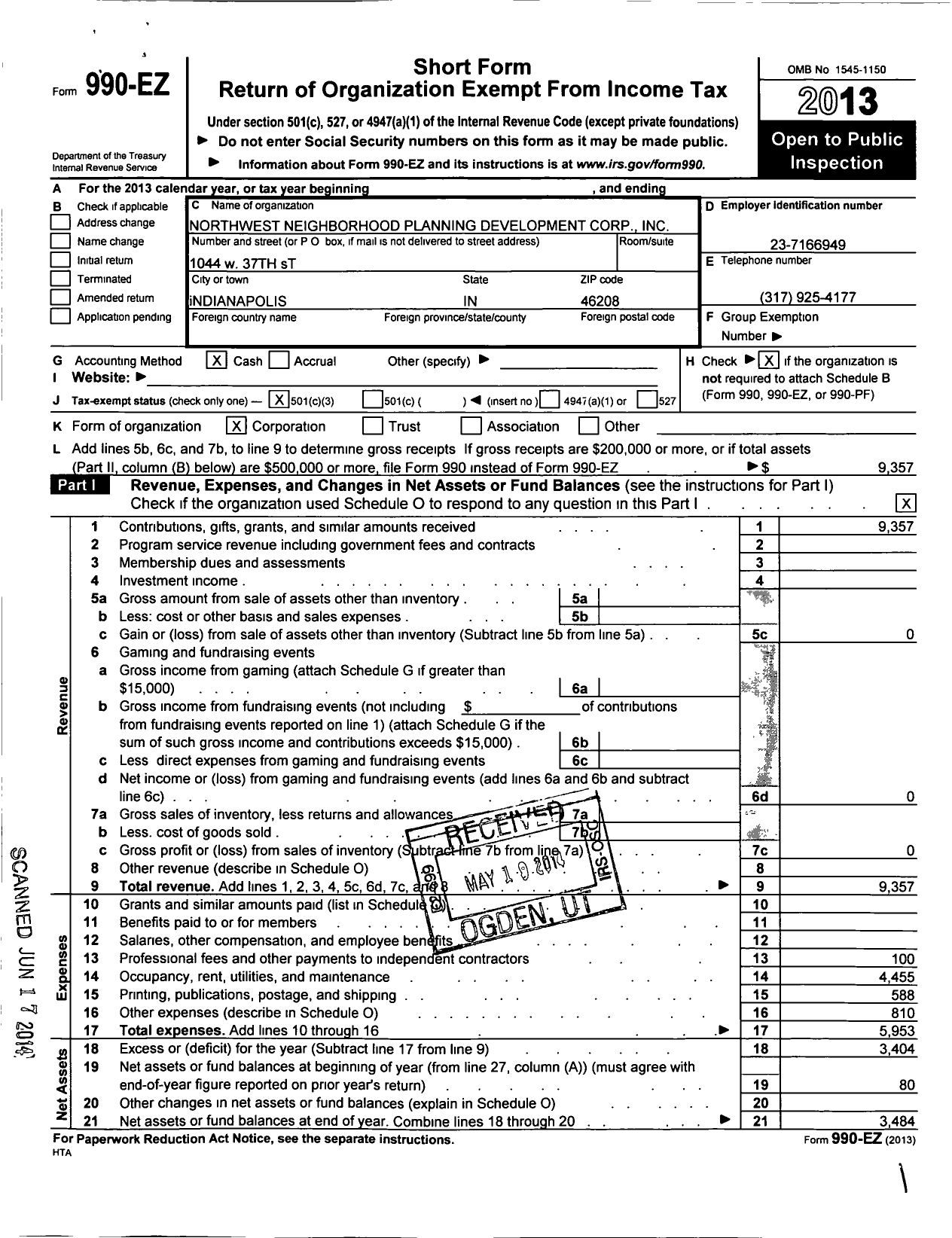 Image of first page of 2013 Form 990EZ for Northwest Neighborhood Planning Development Corporation