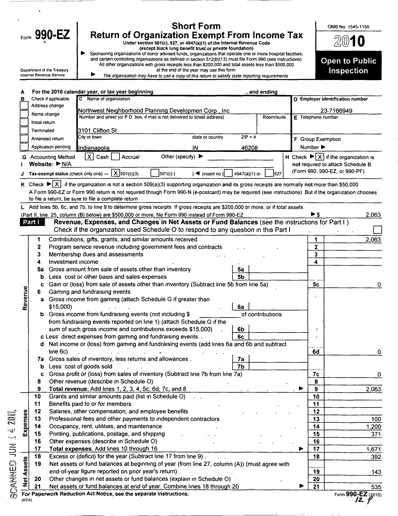 Image of first page of 2010 Form 990EZ for Neighborhood Planning Development Corporation