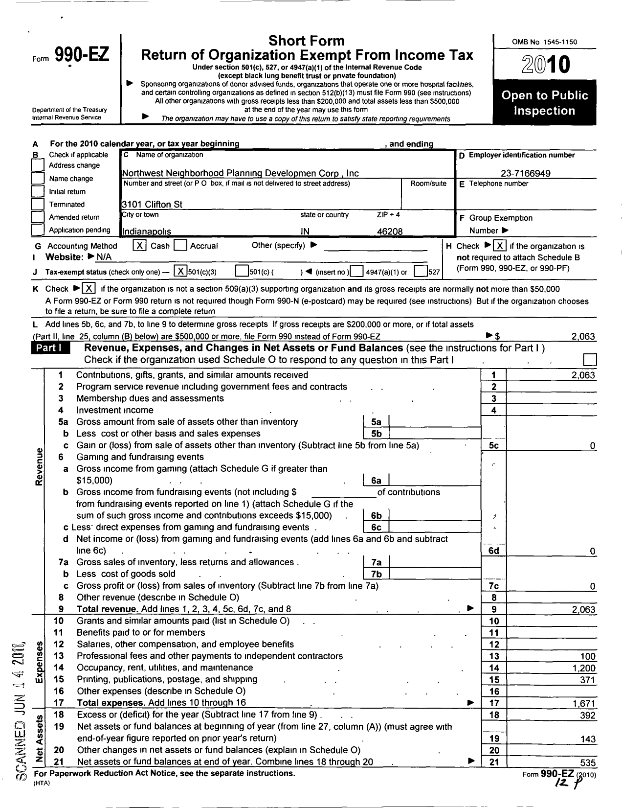 Image of first page of 2010 Form 990EZ for Northwest Neighborhood Planning Development Corporation