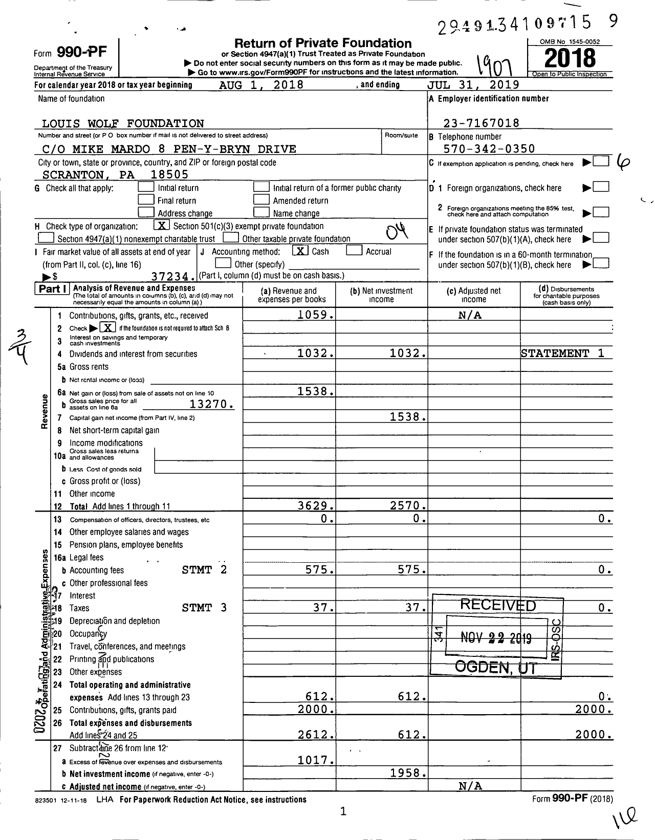 Image of first page of 2018 Form 990PF for Louis Wolf Foundation