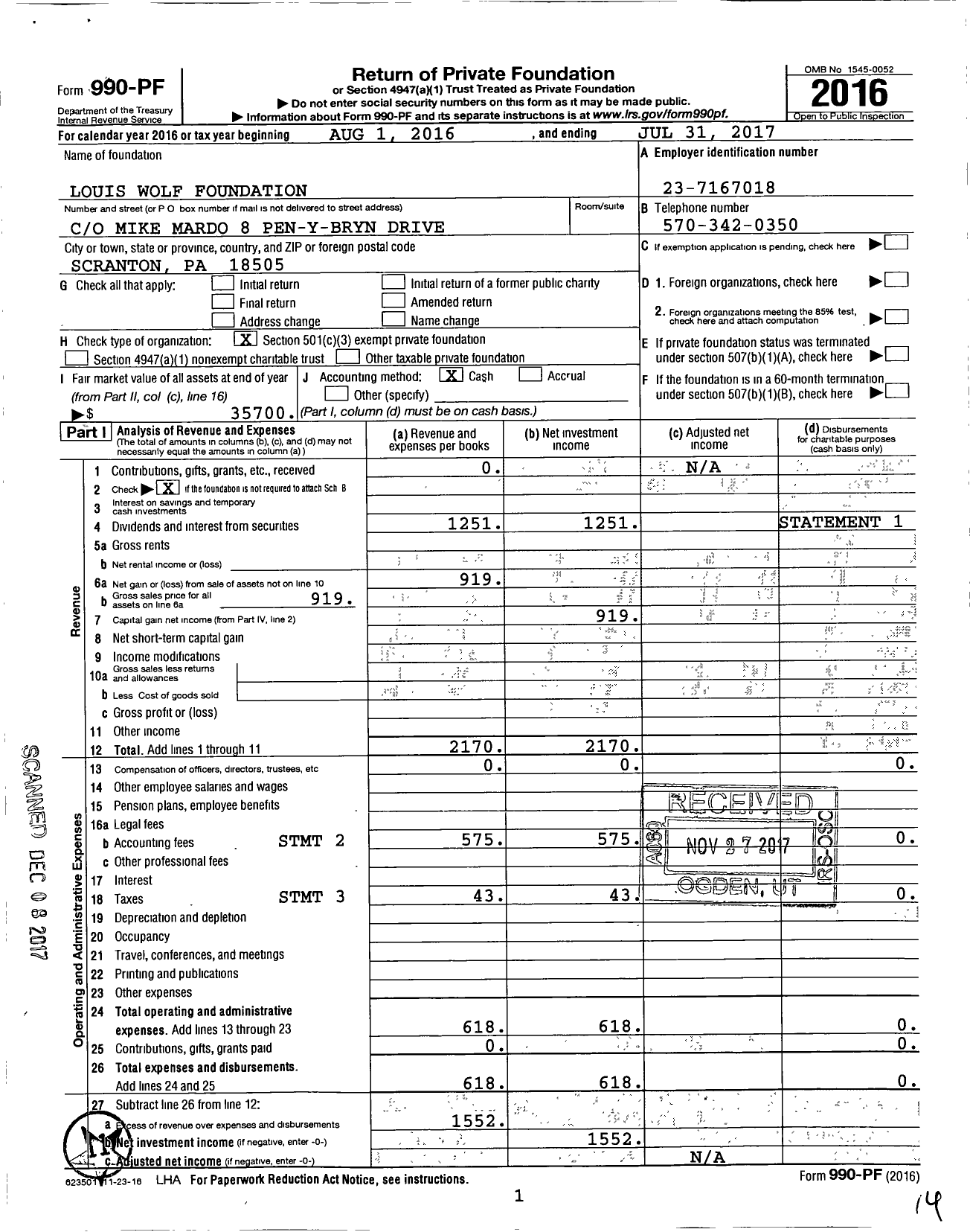 Image of first page of 2016 Form 990PF for Louis Wolf Foundation