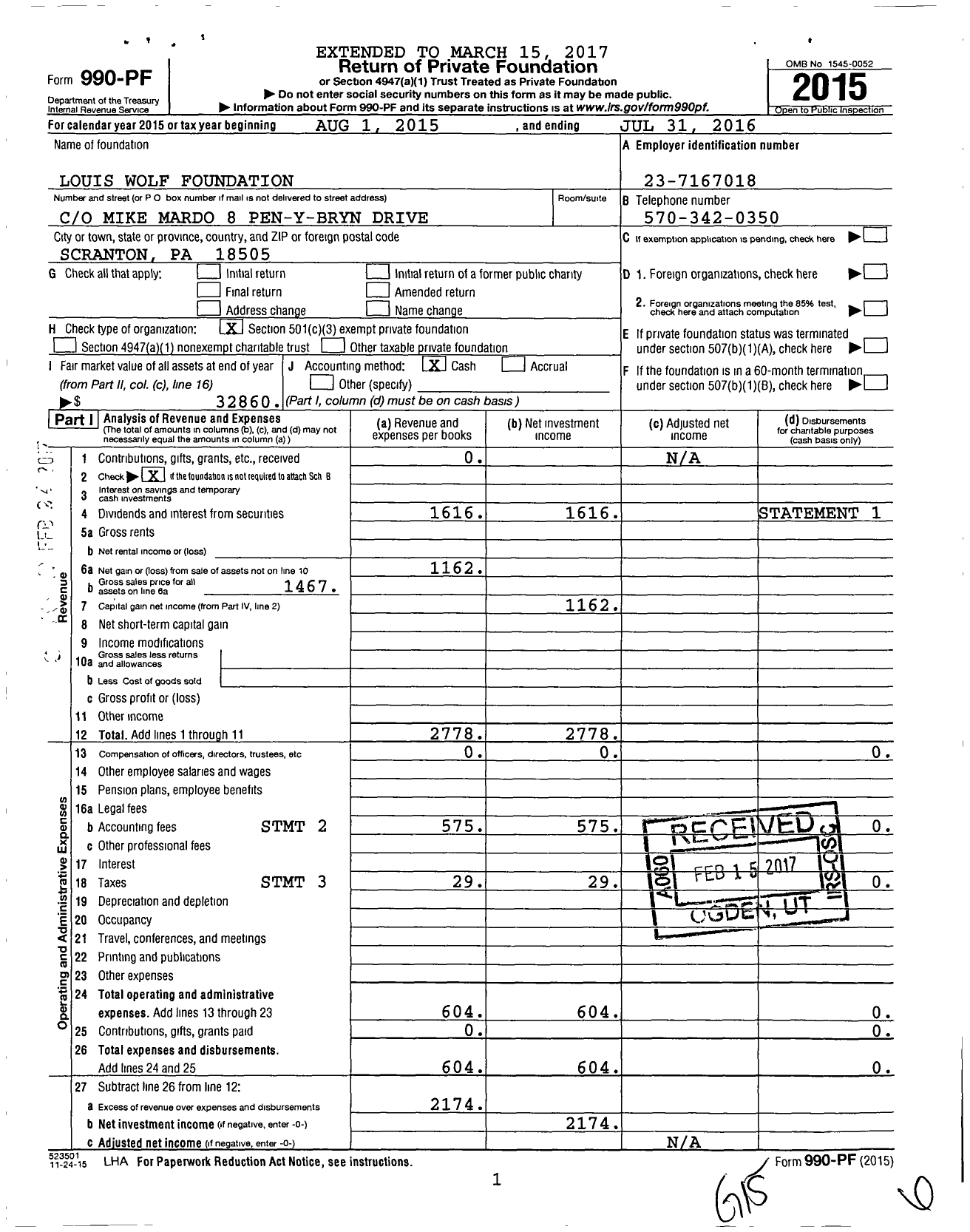 Image of first page of 2015 Form 990PF for Louis Wolf Foundation