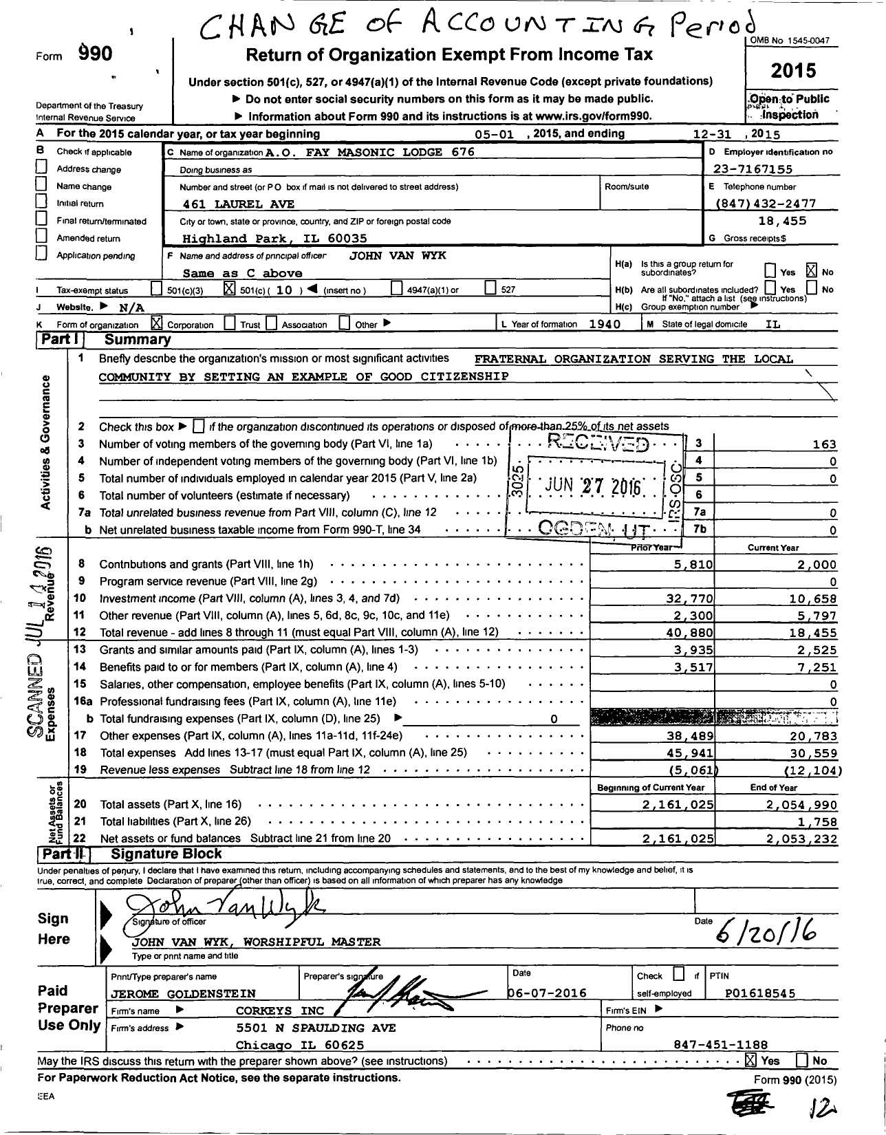 Image of first page of 2015 Form 990O for Ancient Free & Accepted Masons of Illinois - 676 A O Fay Lodge