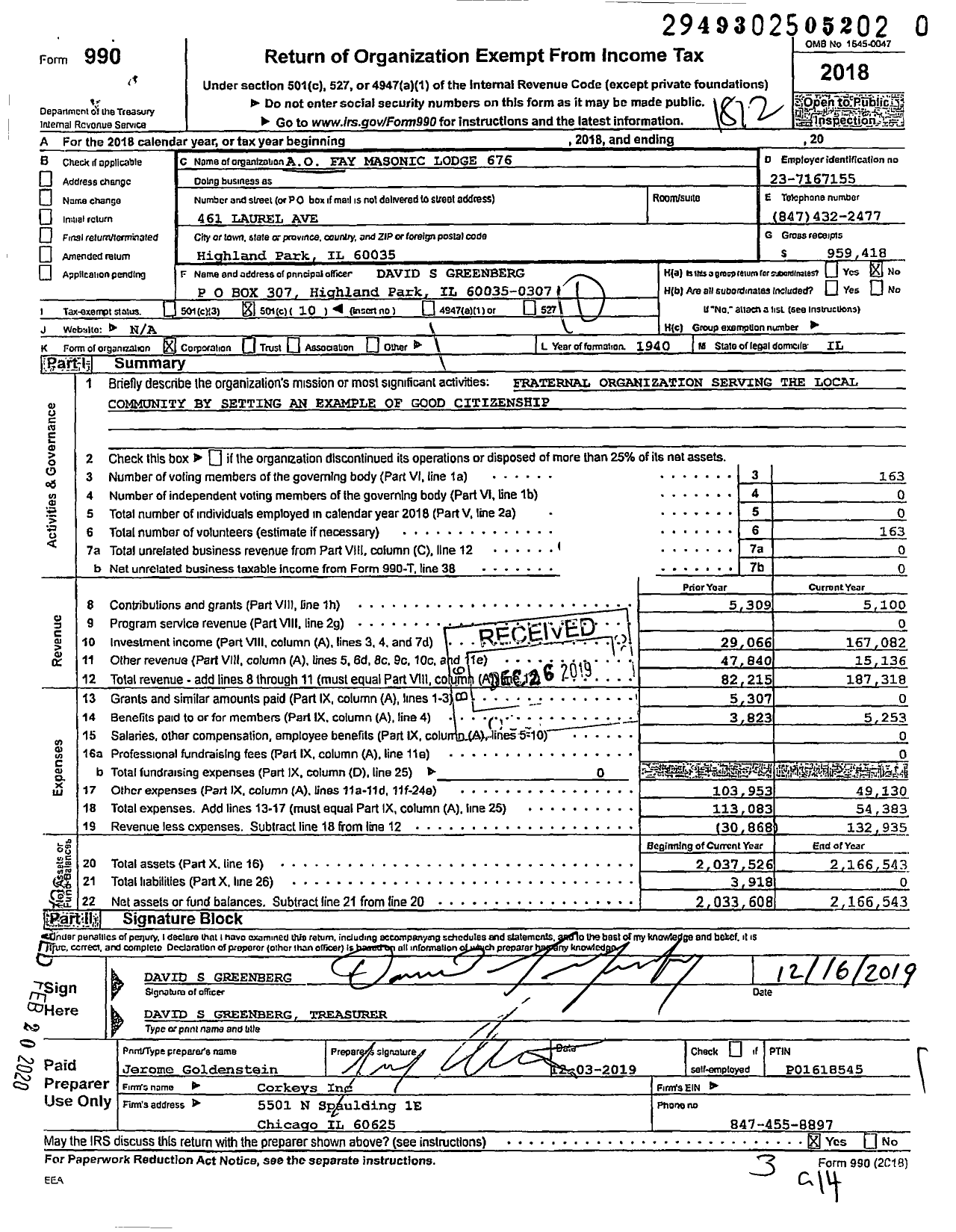 Image of first page of 2018 Form 990O for Ancient Free & Accepted Masons of Illinois - 676 A O Fay Lodge