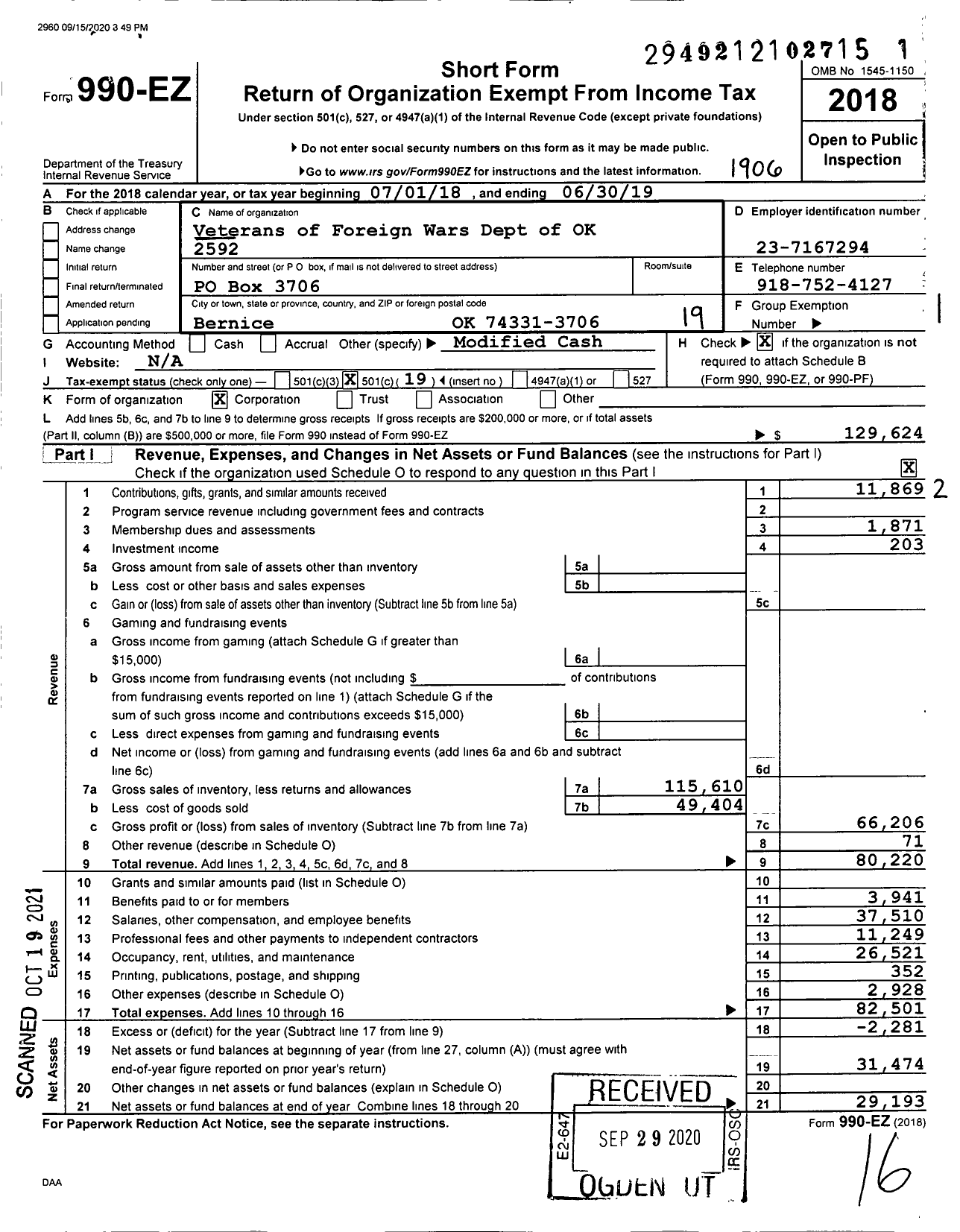 Image of first page of 2018 Form 990EO for Veterans of Foreign Wars of the United States Dept of Oklahoma - 2592