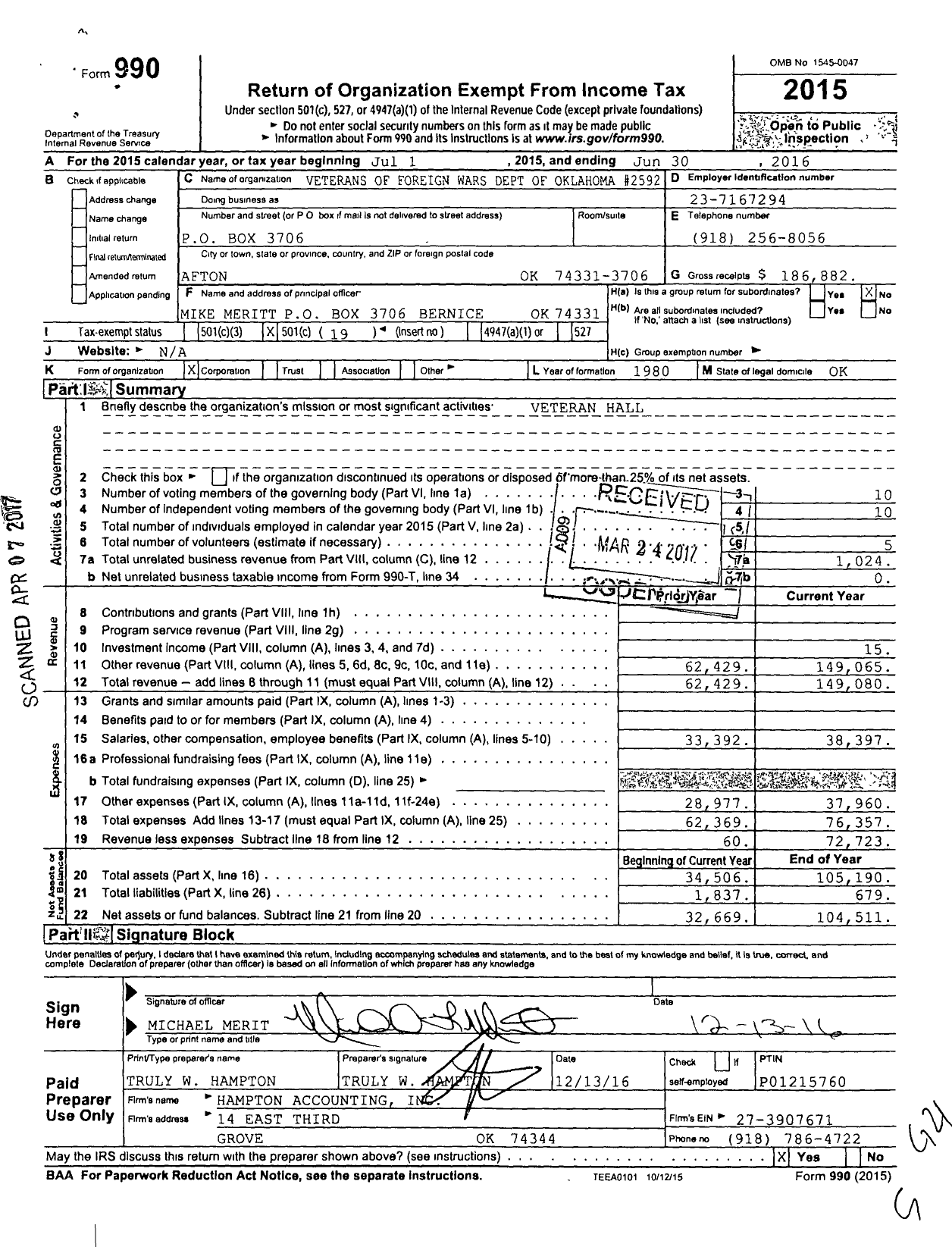 Image of first page of 2015 Form 990O for Veterans of Foreign Wars of the United States Dept of Oklahoma - 2592