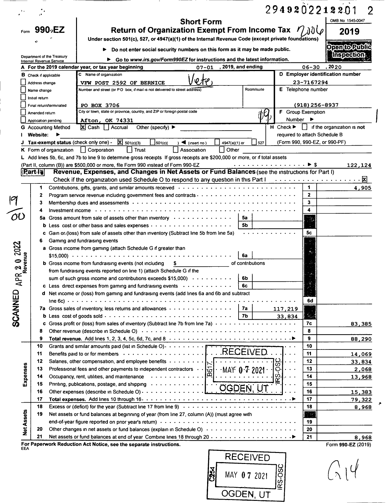 Image of first page of 2019 Form 990EO for Veterans of Foreign Wars of the United States Dept of Oklahoma - 2592