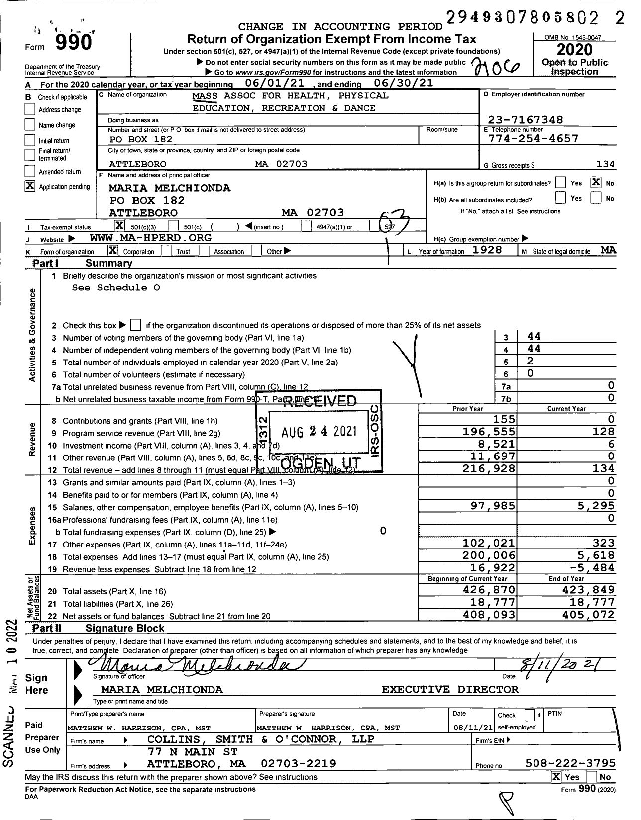 Image of first page of 2020 Form 990 for Mass Association for Health Physical Education Recreation and Dance