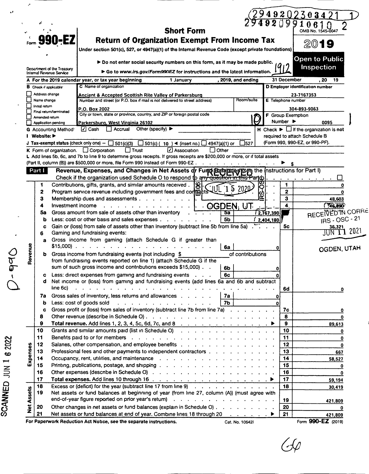 Image of first page of 2019 Form 990EO for Scottish Rite of Freemasonry Southern Jurisdiction - Valley of Parkersburg & Coord Bodie