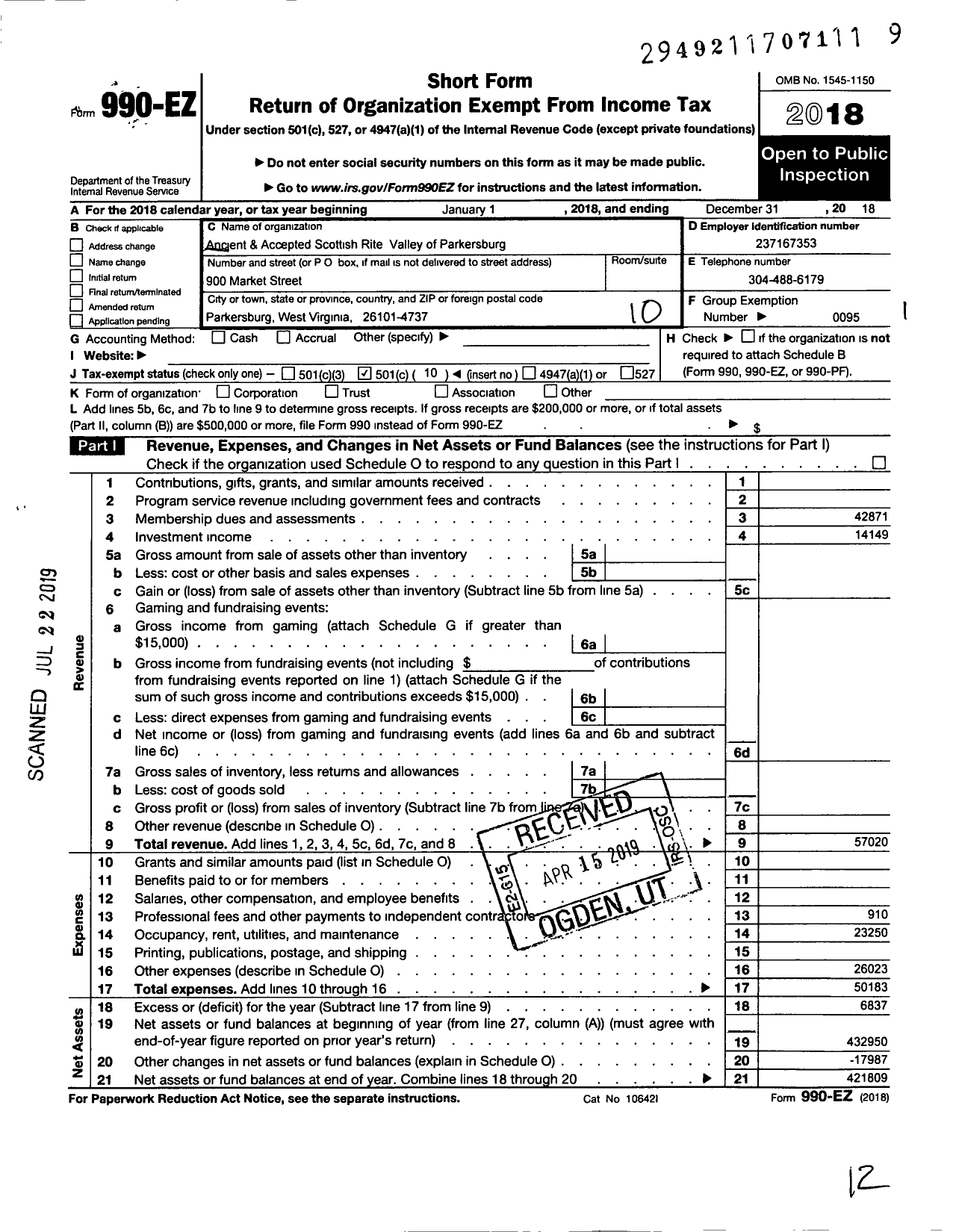 Image of first page of 2018 Form 990EO for Scottish Rite of Freemasonry Southern Jurisdiction - Valley of Parkersburg & Coord Bodie