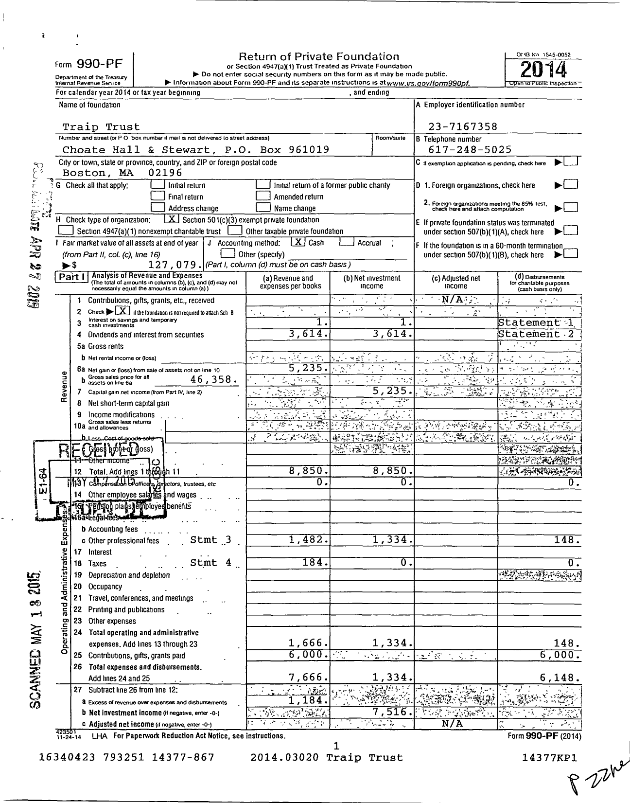 Image of first page of 2014 Form 990PF for Traip Trust