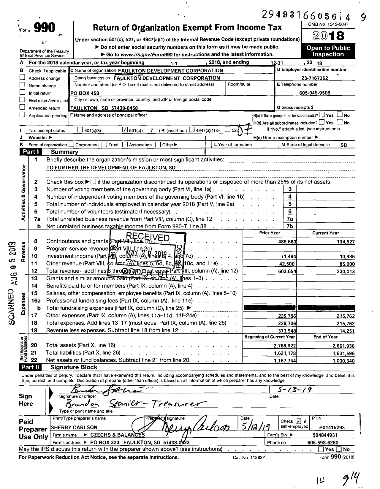 Image of first page of 2018 Form 990O for Faulkton Development Corporation