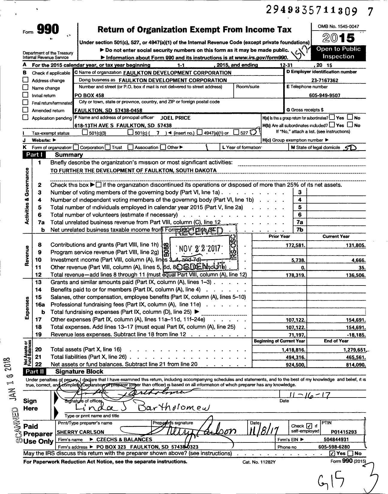 Image of first page of 2015 Form 990O for Faulkton Development Corporation