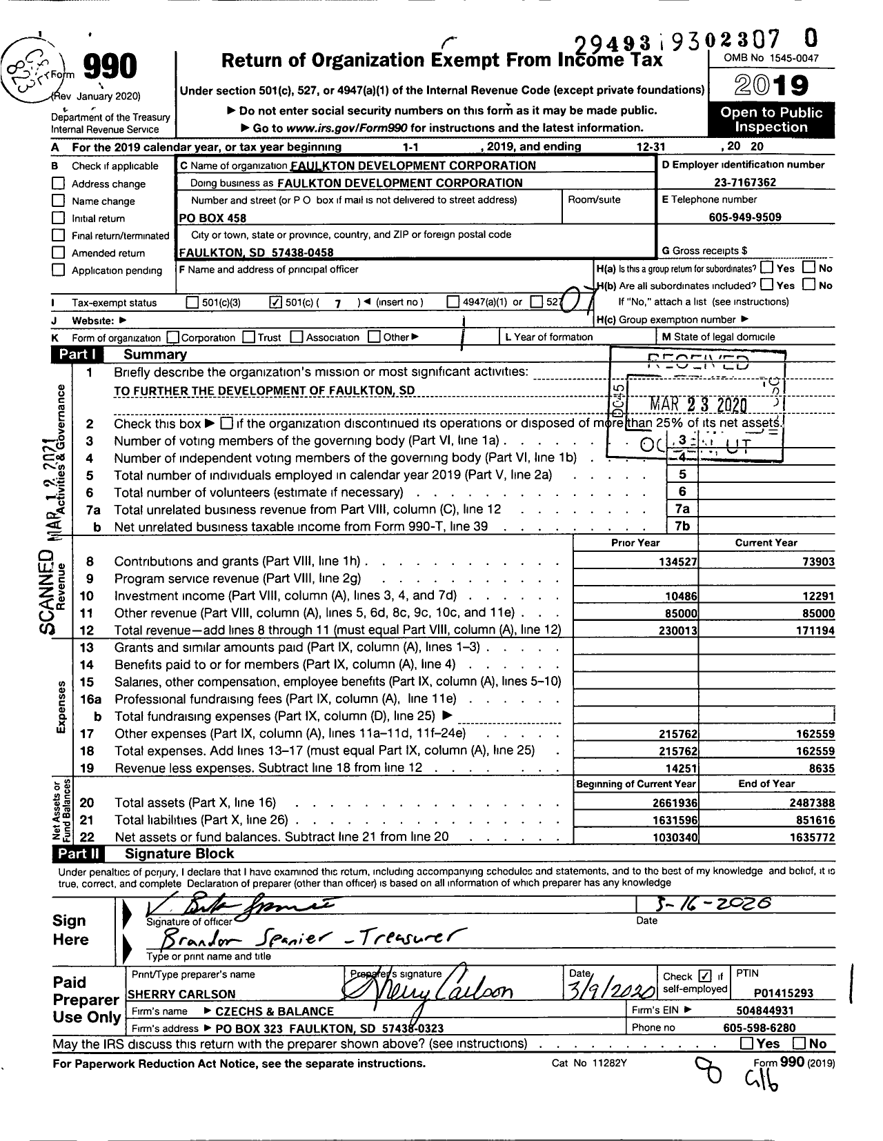 Image of first page of 2020 Form 990O for Faulkton Development Corporation