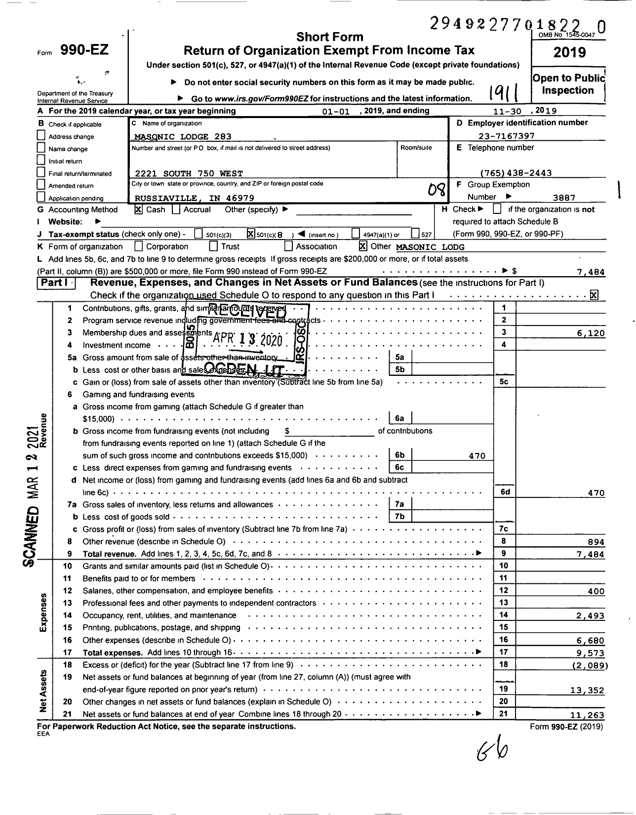 Image of first page of 2018 Form 990EO for Free & Accepted Masons of Indiana - 283 New London Masonic Lodge