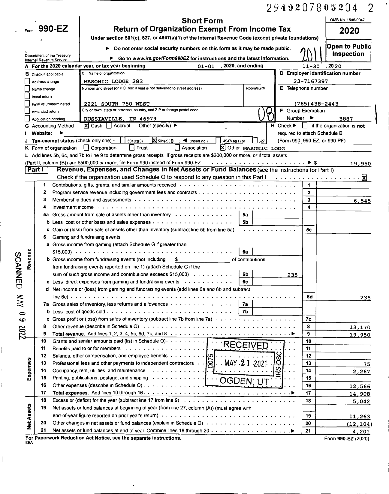 Image of first page of 2019 Form 990EO for Free & Accepted Masons of Indiana - 283 New London Masonic Lodge