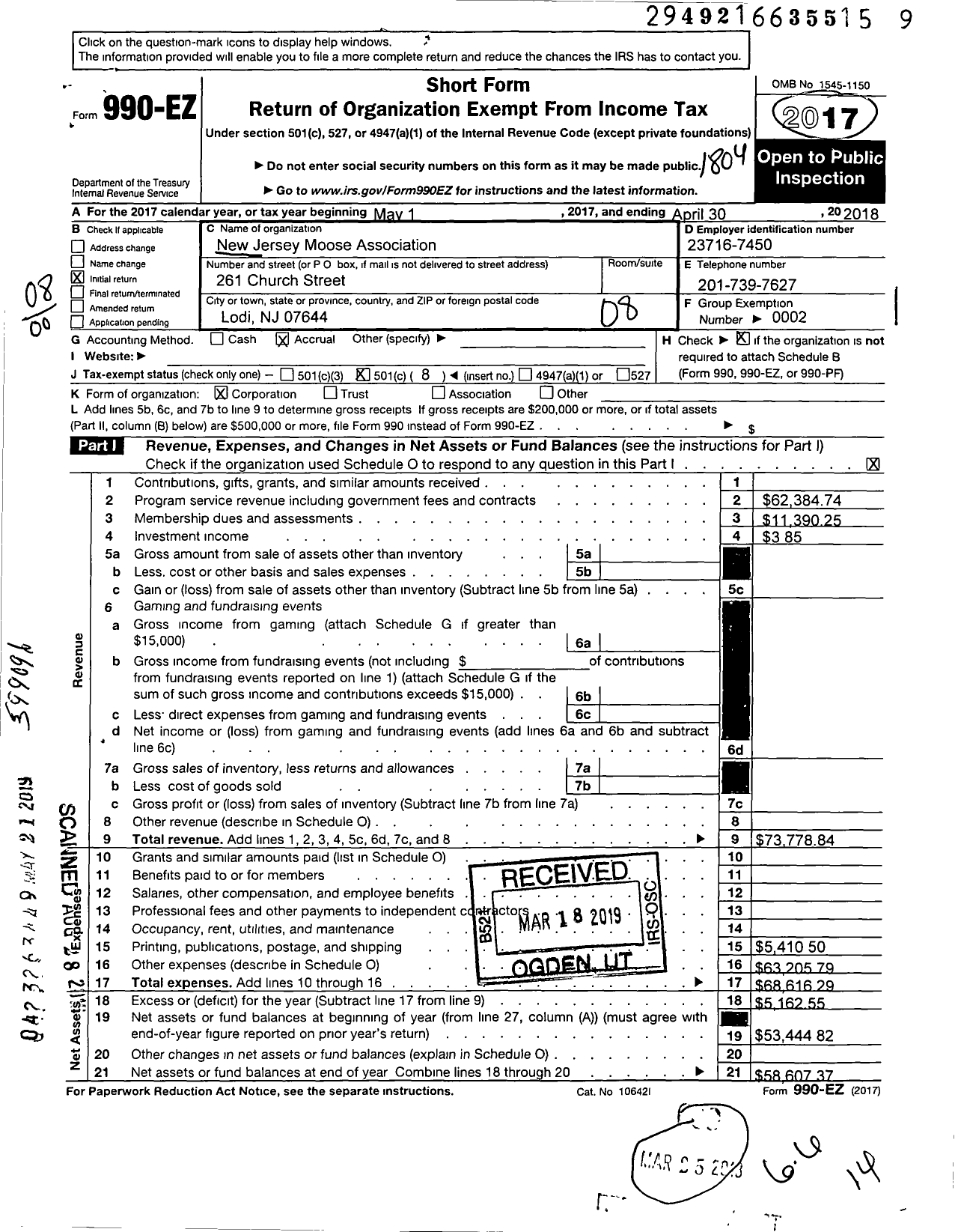 Image of first page of 2017 Form 990EO for New Jersey Moose Association