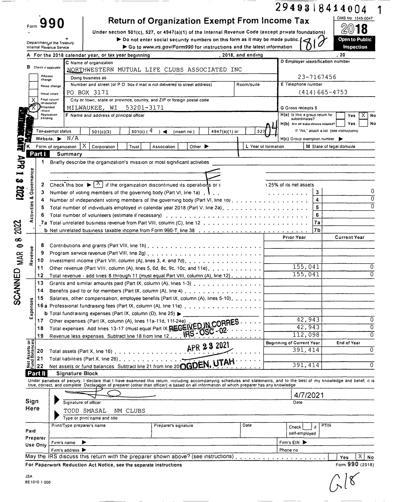 Image of first page of 2018 Form 990O for Northwestern Mutual Life Clubs Associated