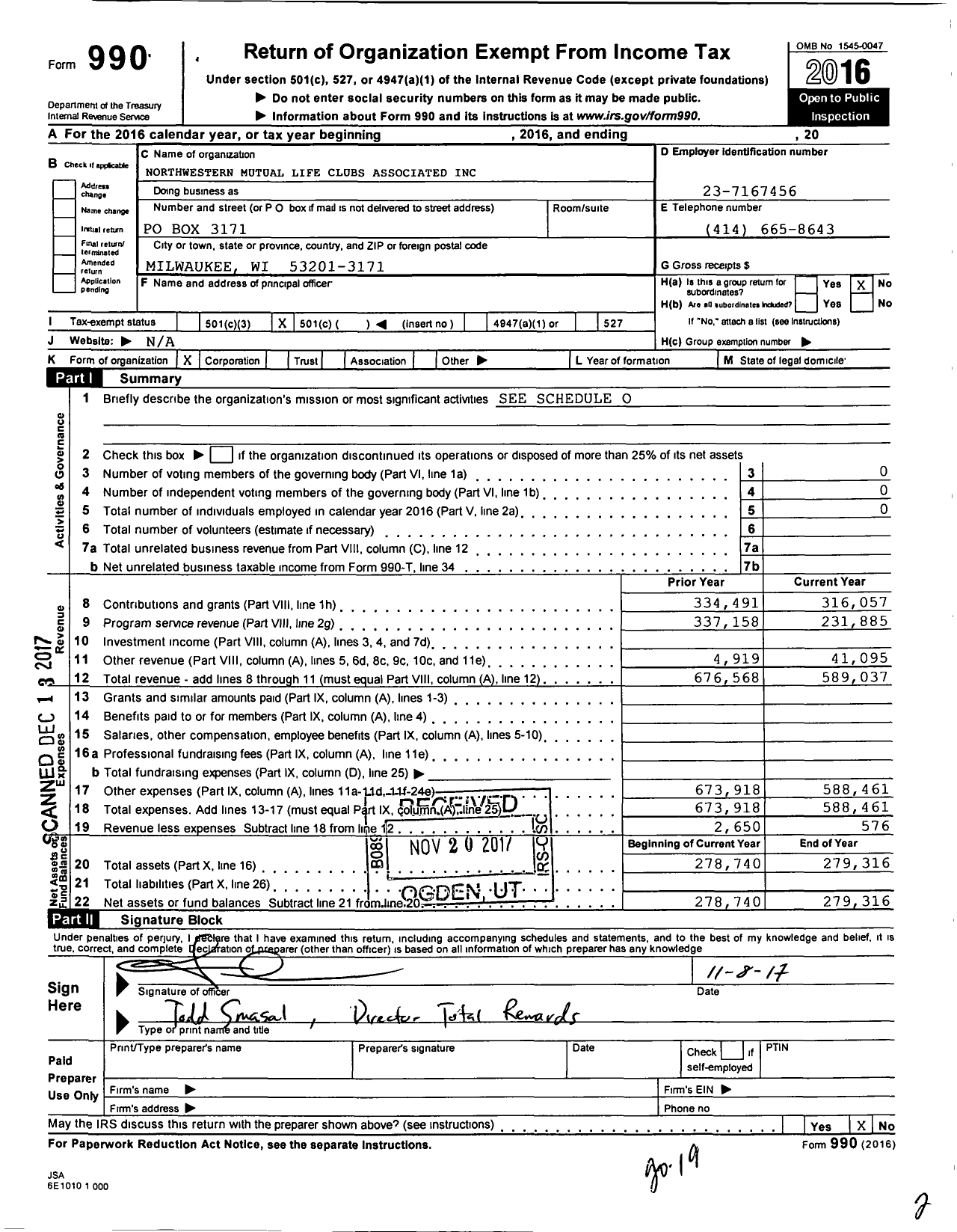 Image of first page of 2016 Form 990O for Northwestern Mutual Life Clubs Associated