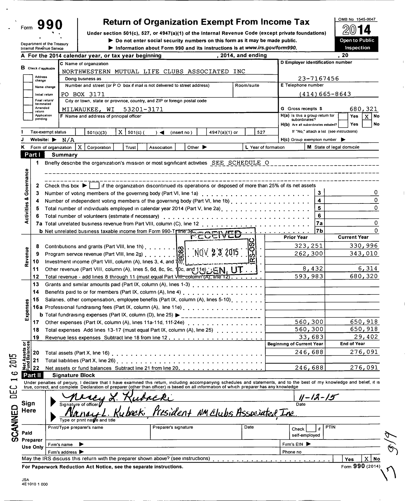 Image of first page of 2014 Form 990O for Northwestern Mutual Life Clubs Associated