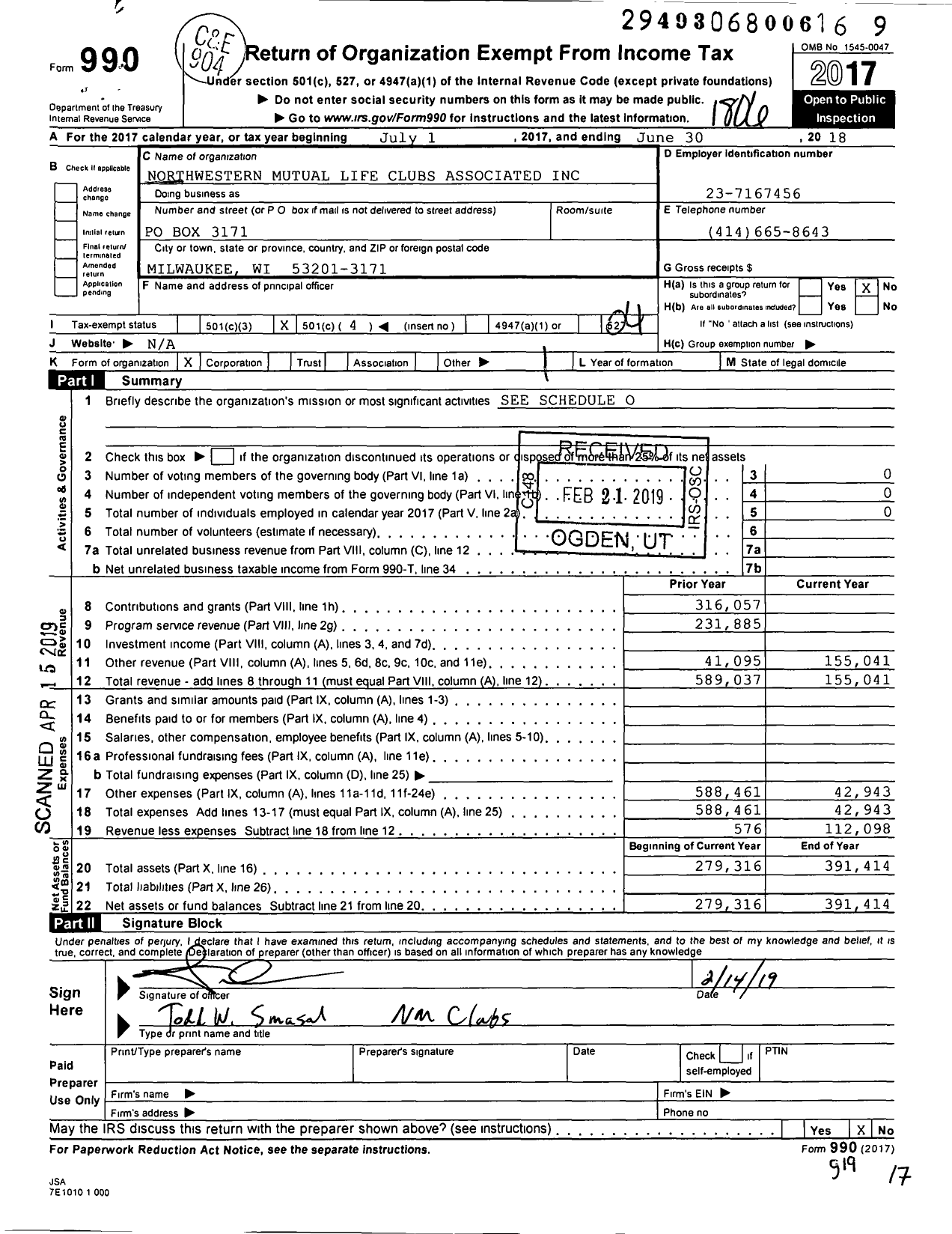 Image of first page of 2017 Form 990O for Northwestern Mutual Life Clubs Associated