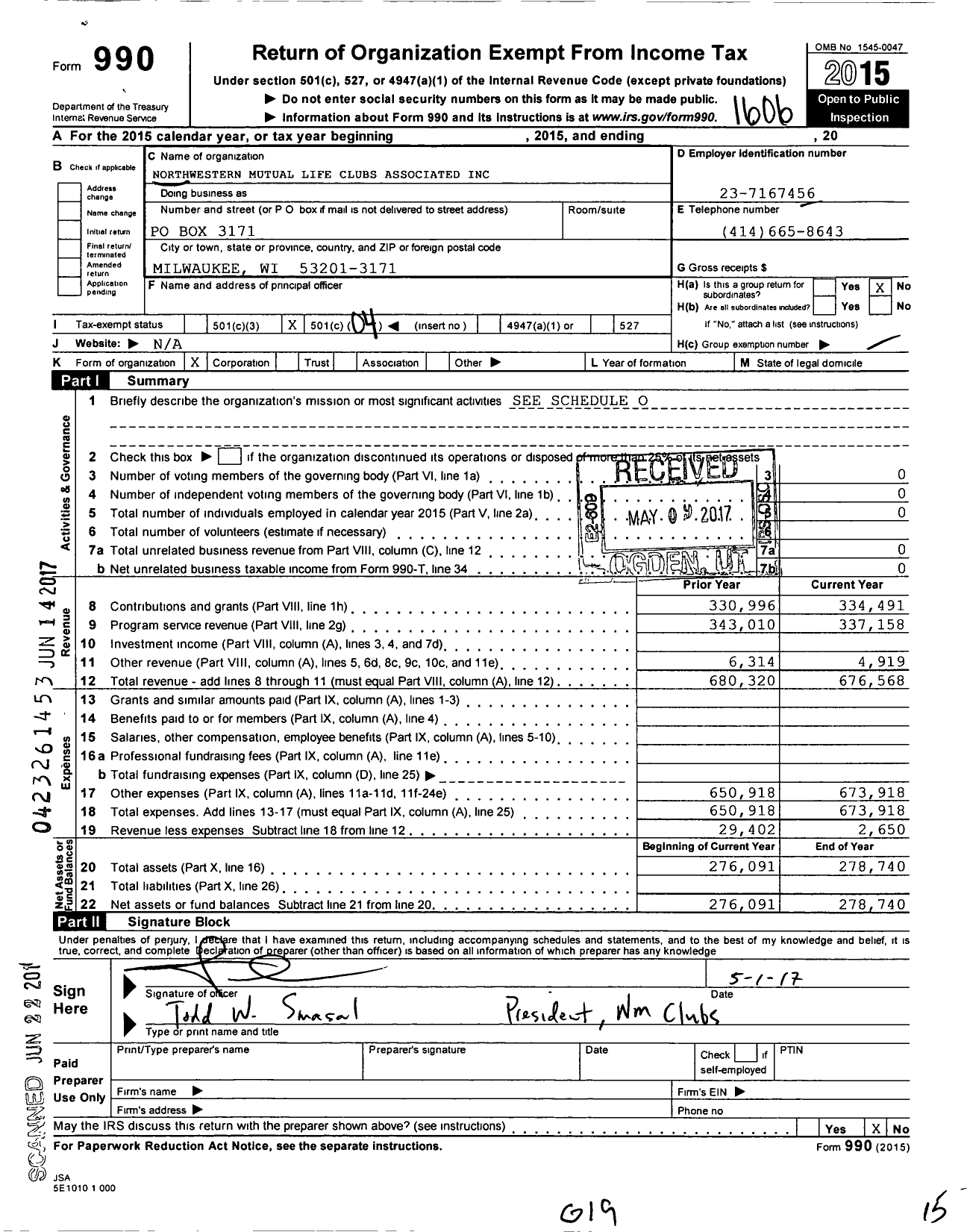 Image of first page of 2015 Form 990O for Northwestern Mutual Life Clubs Associated